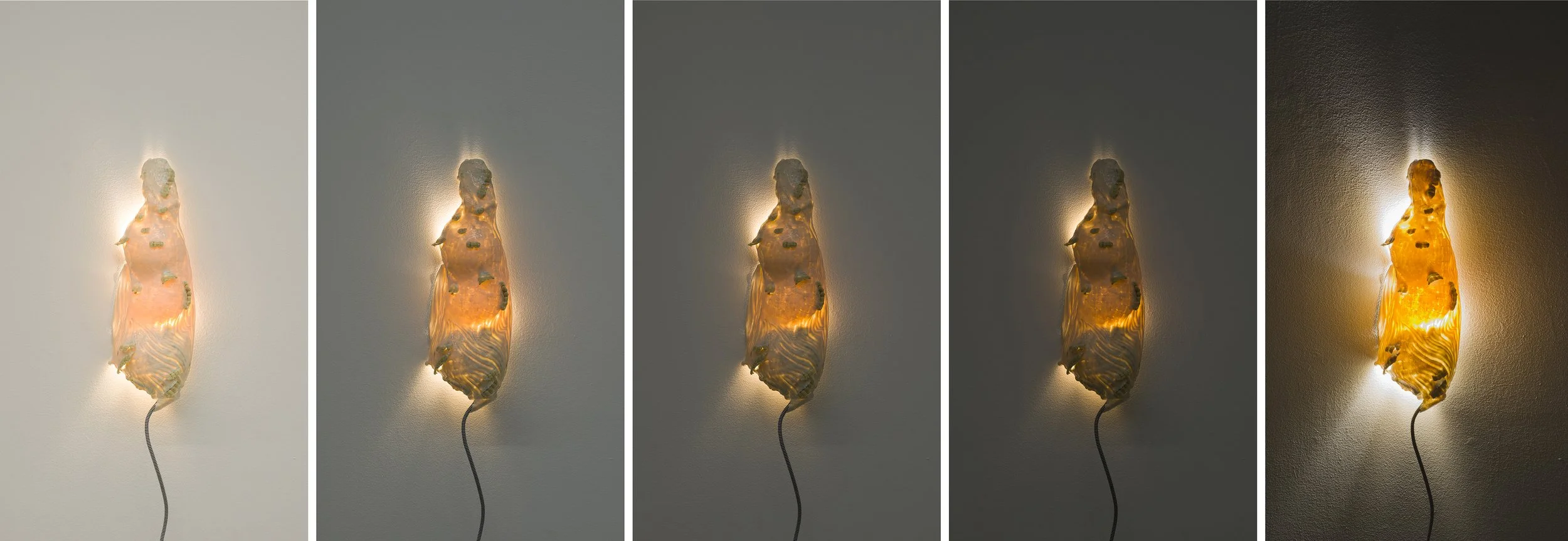     Technical Ceramics,  Building with Materials  —  Translucent Cast Lighting   &nbsp; [Multiple Exposures]            Porcelain, electric cord. 16" x 5" x 4", 2018&nbsp;             