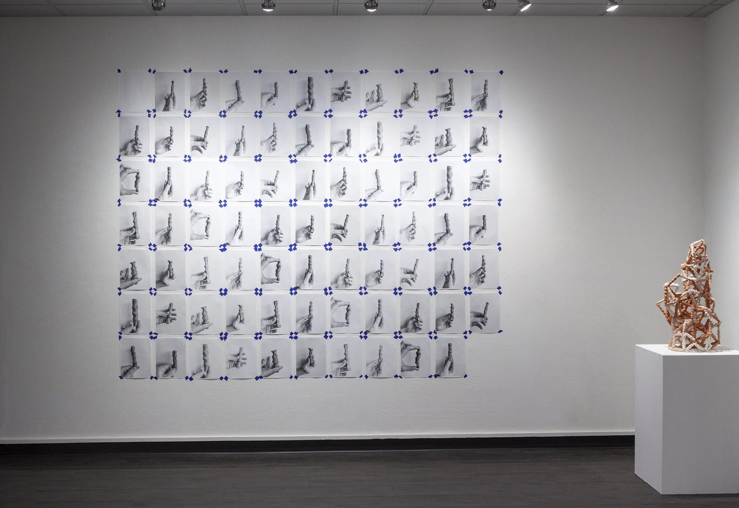    [LEFT]      MIZZOU MANICULE: THE I THAT IS A WE, AND THE WE WHICH IS AN I    &nbsp;&nbsp;&nbsp;Paper US letter format, inkjet, blue tape. 84” x 109”, 2021    [RIGHT]      A GODZILLA SPINED KANGAROO, STANDING LIKE A PENGUIN LOOKING UP AT THE MOON —
