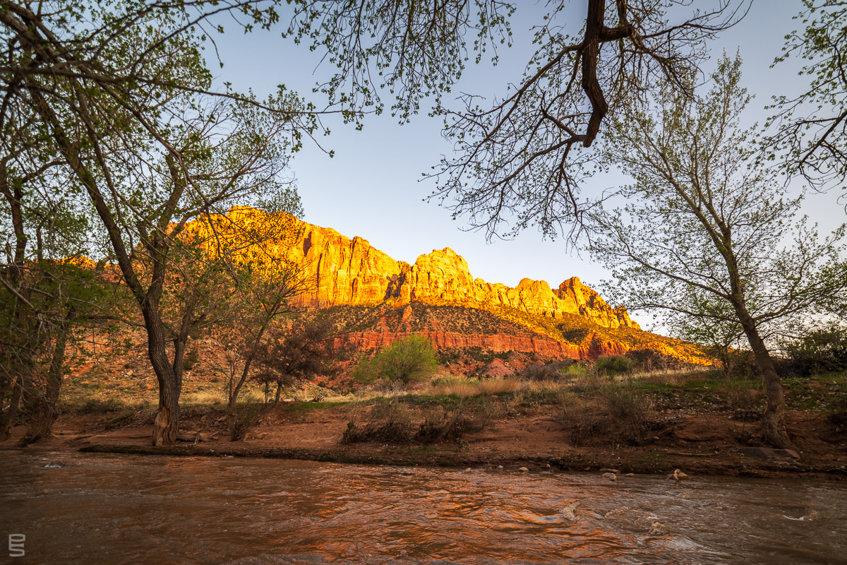 A traditional photo from the same location, our hotel terrace, looking across the Virgin River at The Watchman.