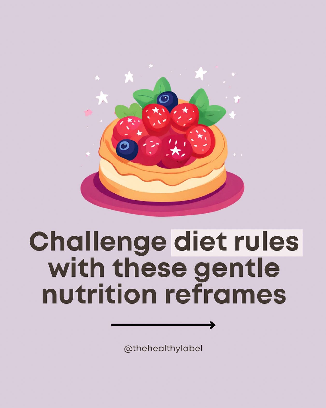 Let&rsquo;s challenge some diet rules today ✨

The way we talk (and think) about food and eating can make a huge difference to our relationship with food 🥙🍌🧁🥒🥝🍕🥯

This carousel shows a simplified version of the reframing process that I often g