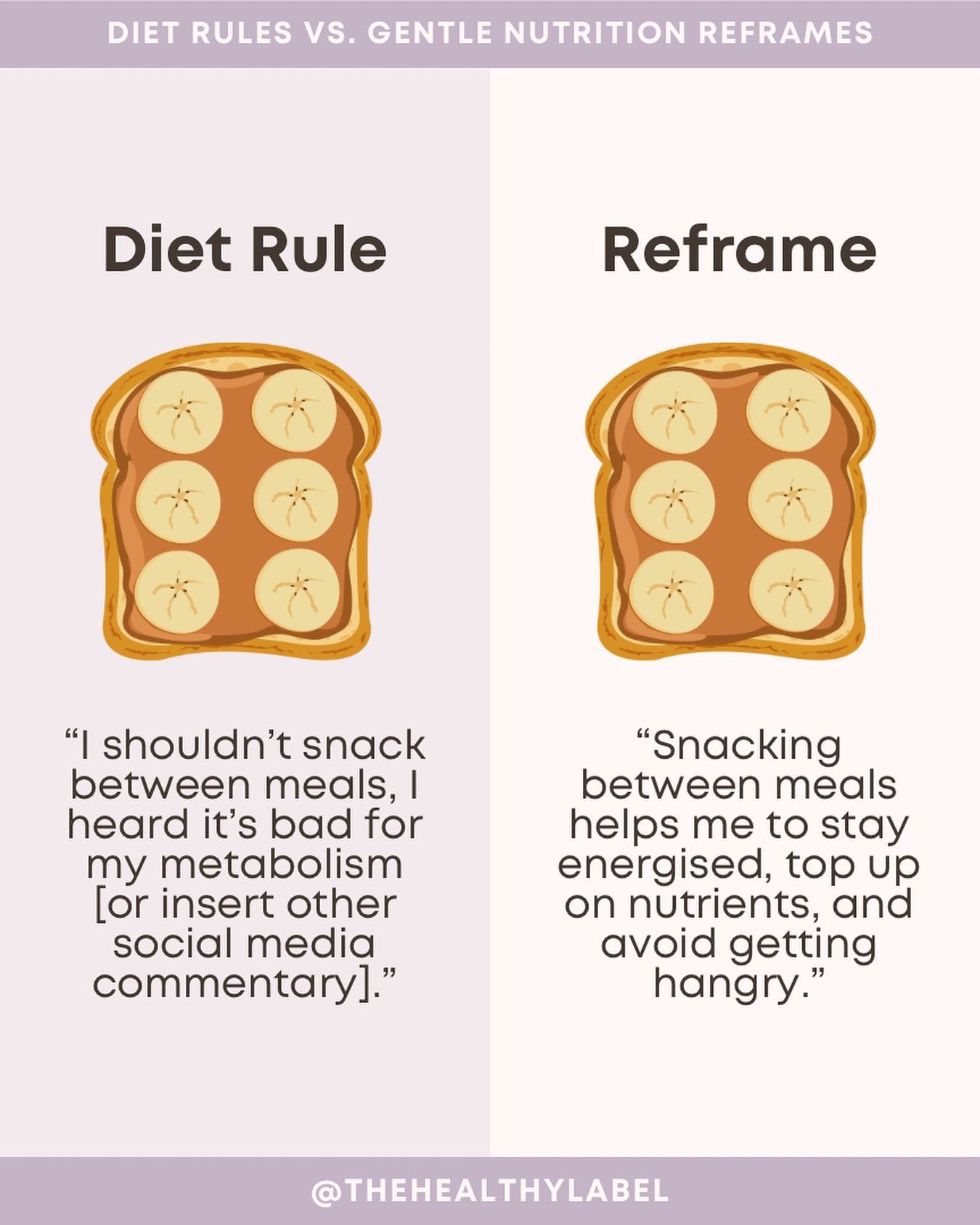 Let&rsquo;s challenge some more diet rules today! ✨

The way we talk (and think) about food and eating can make a huge difference to our relationship with food 🥙🍌🧁🥒🥝🍕🥯

This carousel shows a simplified version of the reframing process that I o