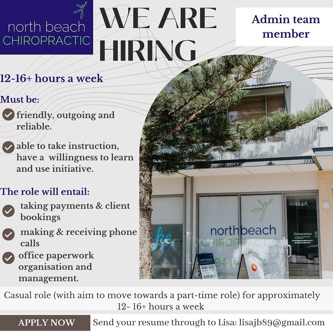 Hi everyone! 👋🏼 
We are looking at hiring a casual admin team member.
🌿
The role is casual (with aim to move towards a part-time role) for approximately 12- 16+ hours a week.
🌱
To apply: email your CV to Lisa: lisajb89@gmail.com 
🌊