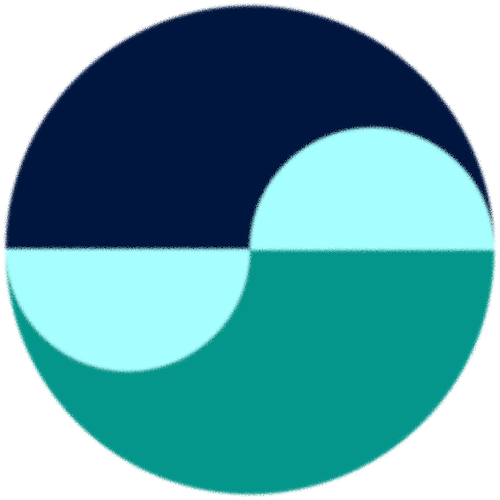Abstract circle with overlapping semi-circles in shades of blue and teal.