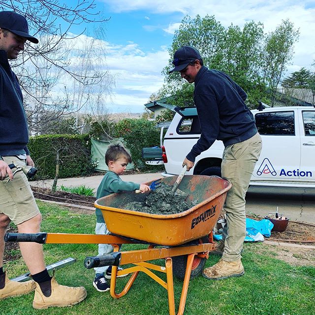 Louis is helping the guys mix up some concrete this afternoon! #action #littleactionplumber #canberra #workshard