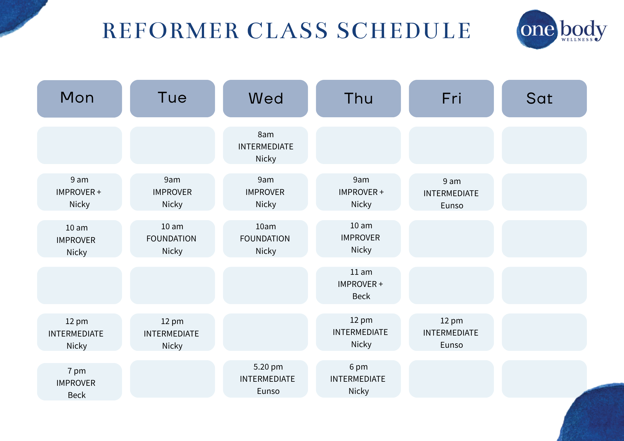 Reformer Pilates class timetable, schedule, One Body Wellness in Cromwell