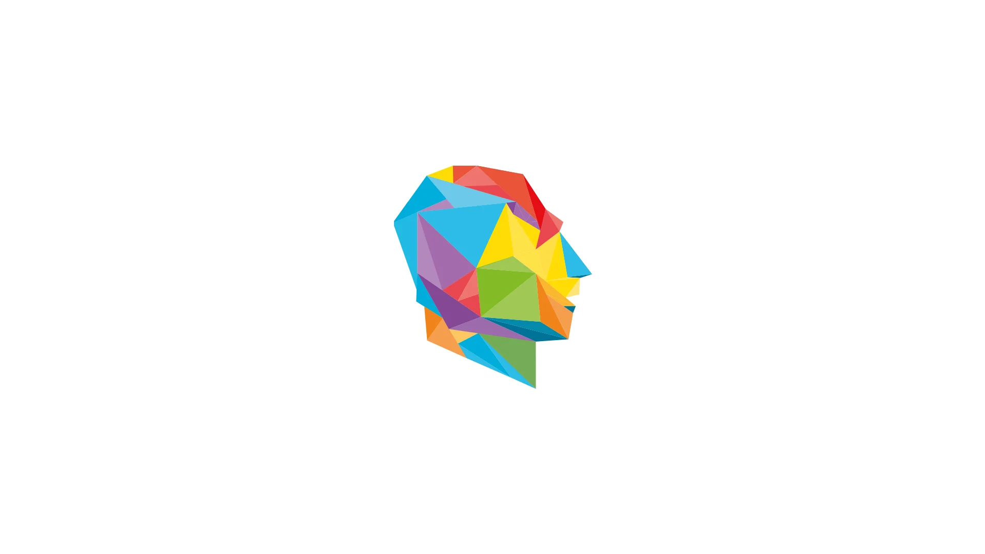 Colorful, geometric, low-poly illustration of a human head in profile facing right, composed of various triangles in bright colors.
