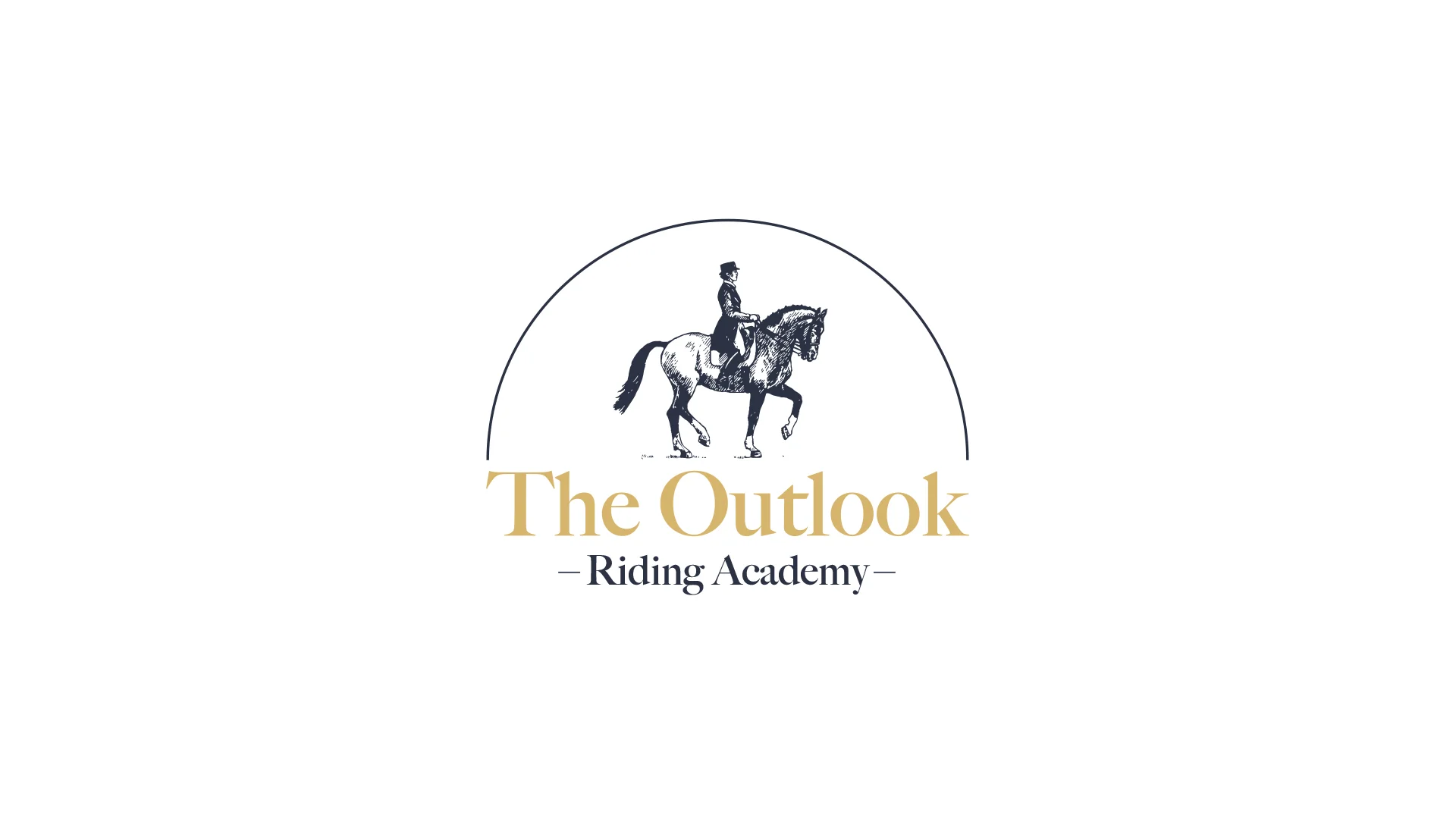 A logo for The Outlook Riding Academy featuring a rider in formal riding attire on a horse, with the academy name in gold and black text underneath.