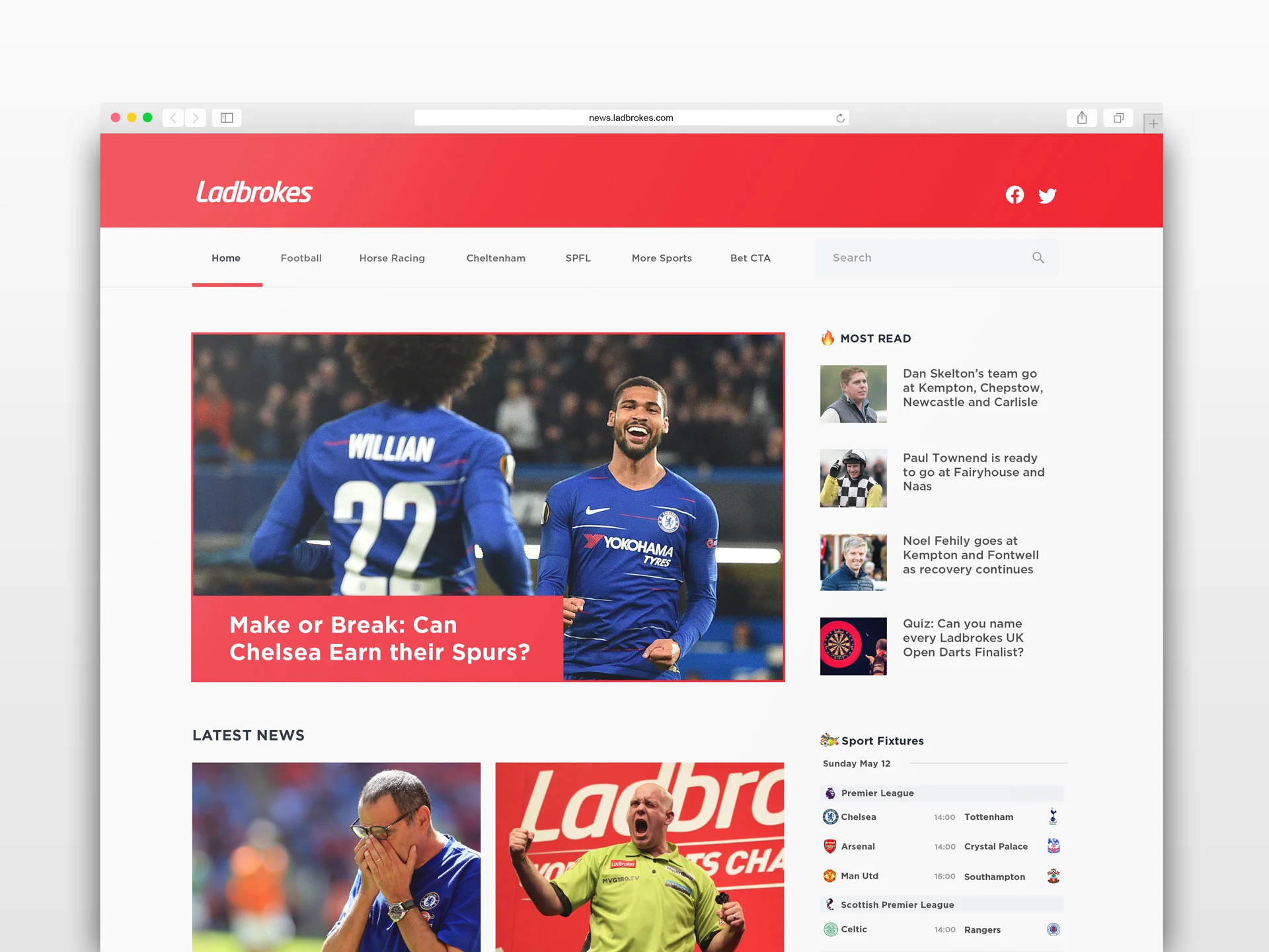 Screenshot of a sports news website called Ladbrokes featuring a main story with soccer players celebrating, headline about Chelsea earning their Spurs, and various sections with images of sports figures and fixtures.