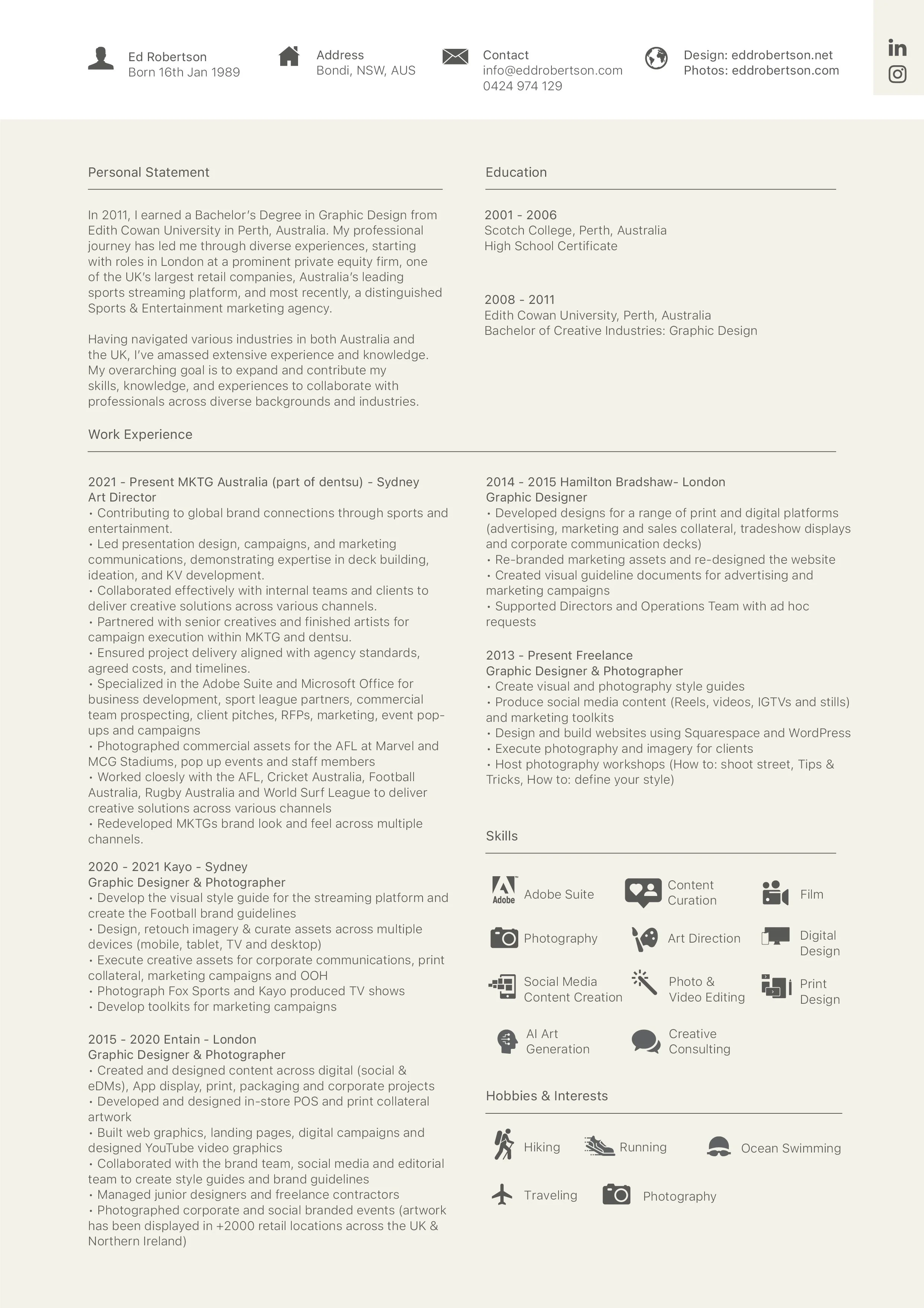 A professional resume or CV layout with personal details, education, work experience, skills, hobbies, and icons representing various skills and interests. The header includes name, birth date, address, contact info, design, and photo credits. Footnotes include icons for design software, content, photography, art direction, digital design, social media, video editing, and print.