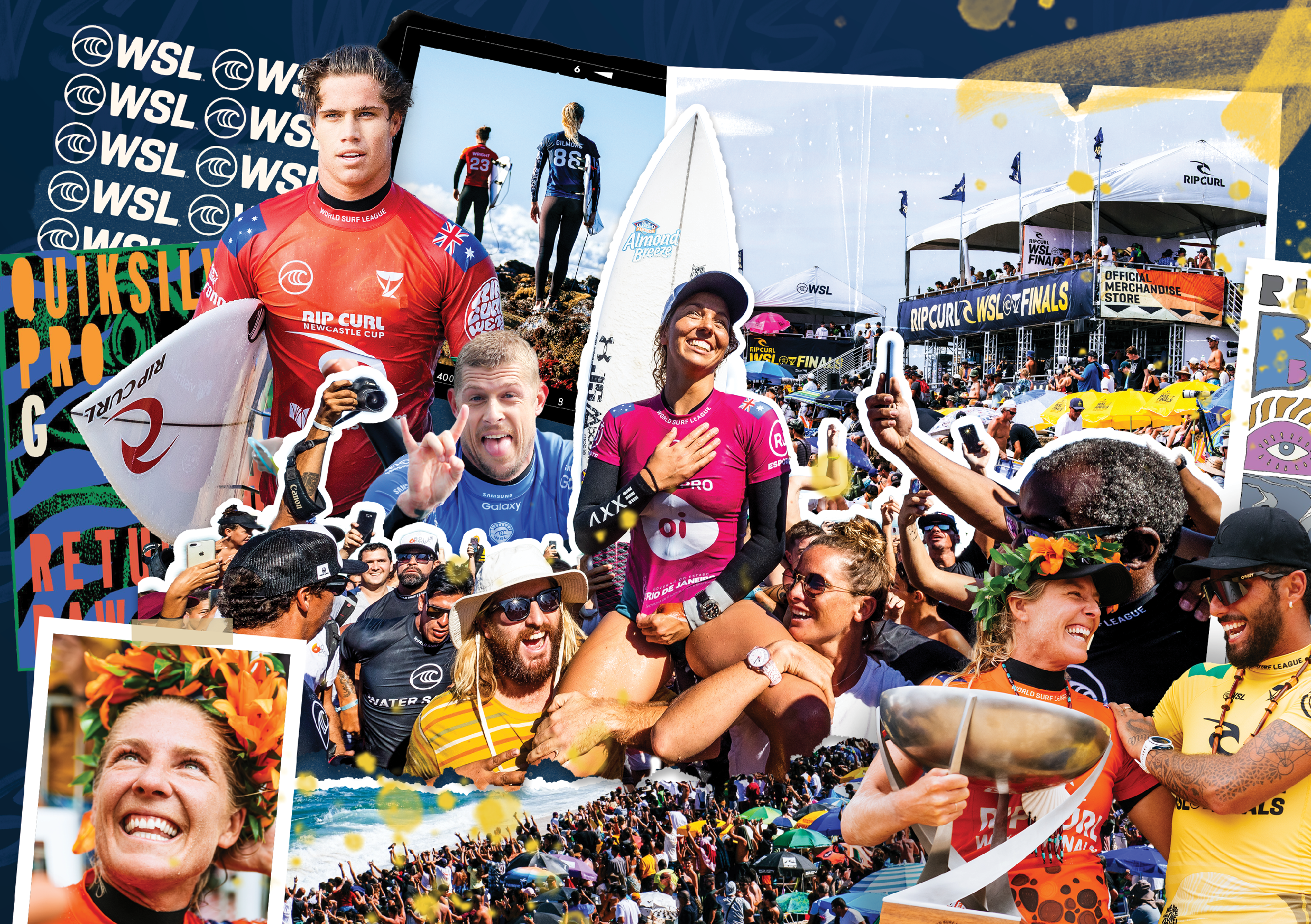 A collage of images from a surfing event, featuring surfers in colorful jerseys holding surfboards, a large crowd at the event, and various banners and signs indicating the World Surf League Finals.