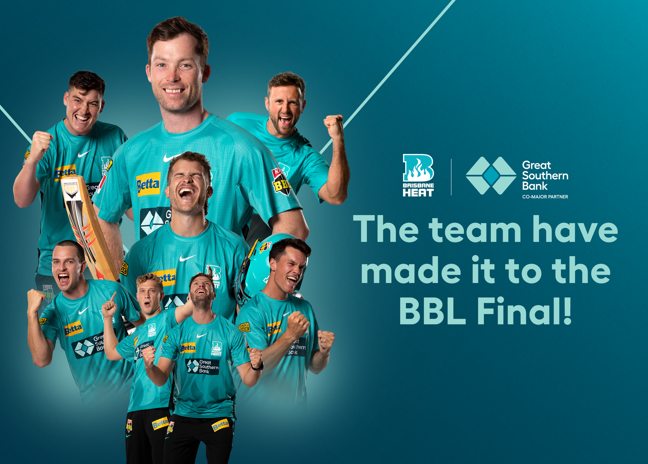 Collage of Brisbane Heat cricket players celebrating, some raising fists and holding cricket equipment, with text indicating they won the BBL Final, against a teal background featuring the Brisbane Heat and Great Southern Bank logos.