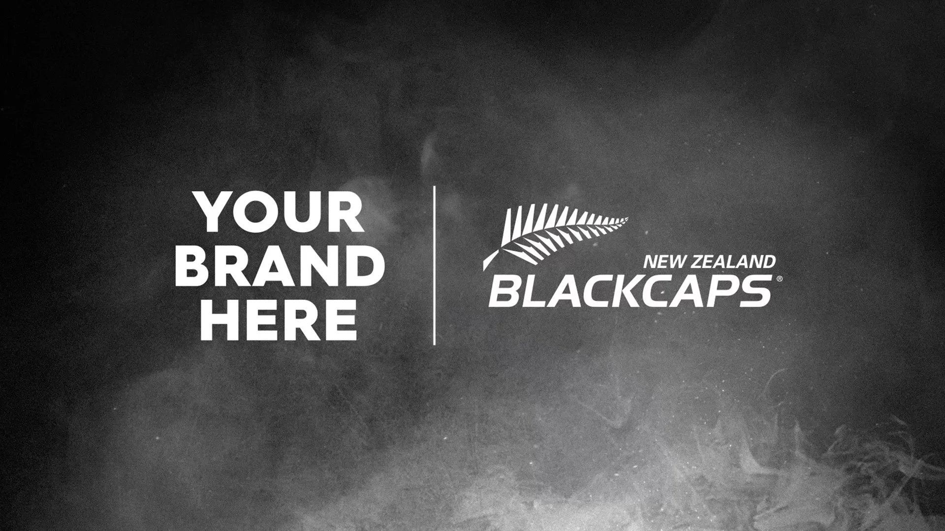 Black and white promotional graphic for New Zealand Blackcaps featuring placeholder text 'Your Brand Here' and a logo of a silver fern leaf.
