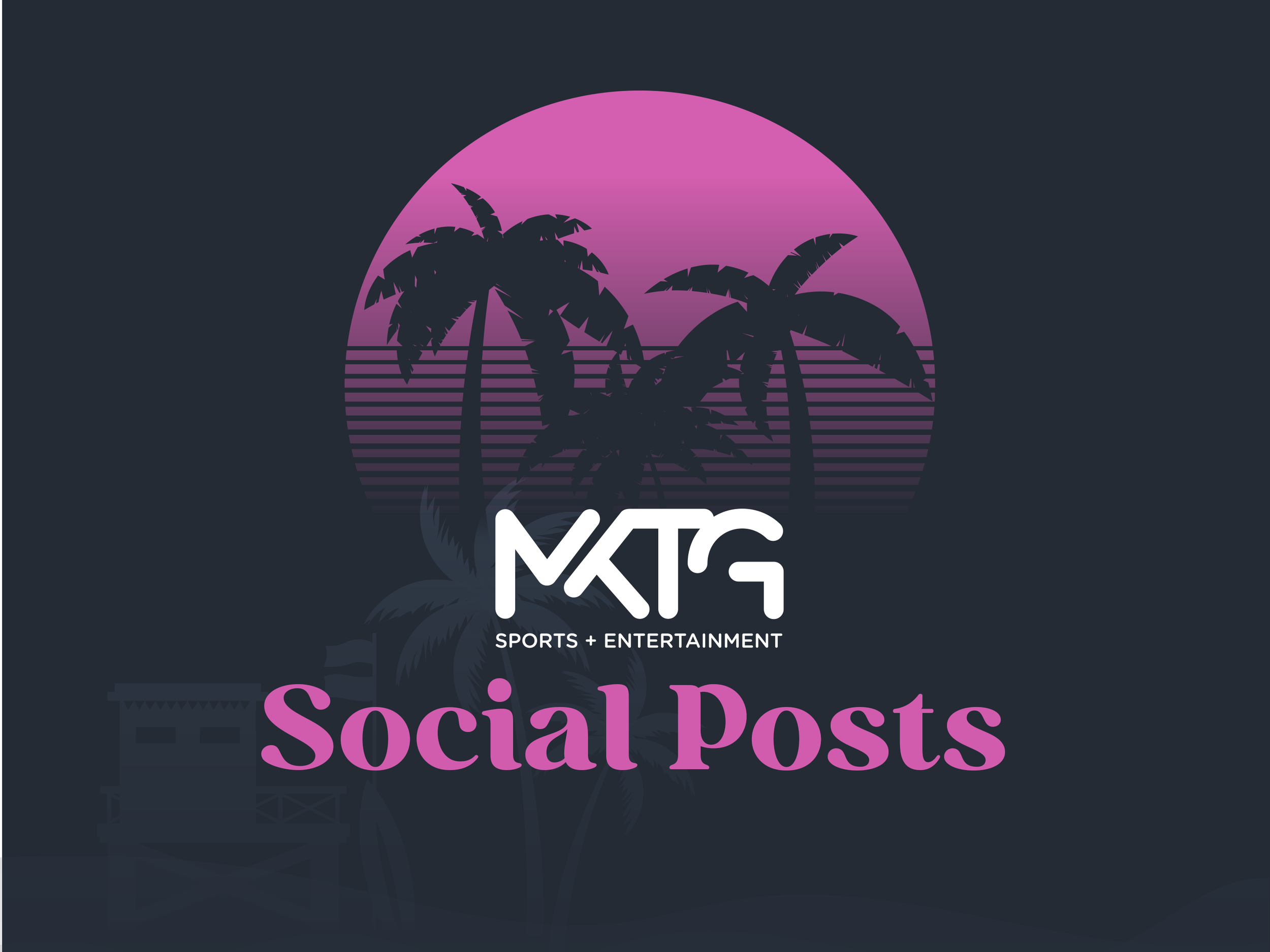 A stylized logo for MTV Sports + Entertainment featuring palm trees, a large purple sun setting or rising, and the text 'Social Posts' on a dark background.