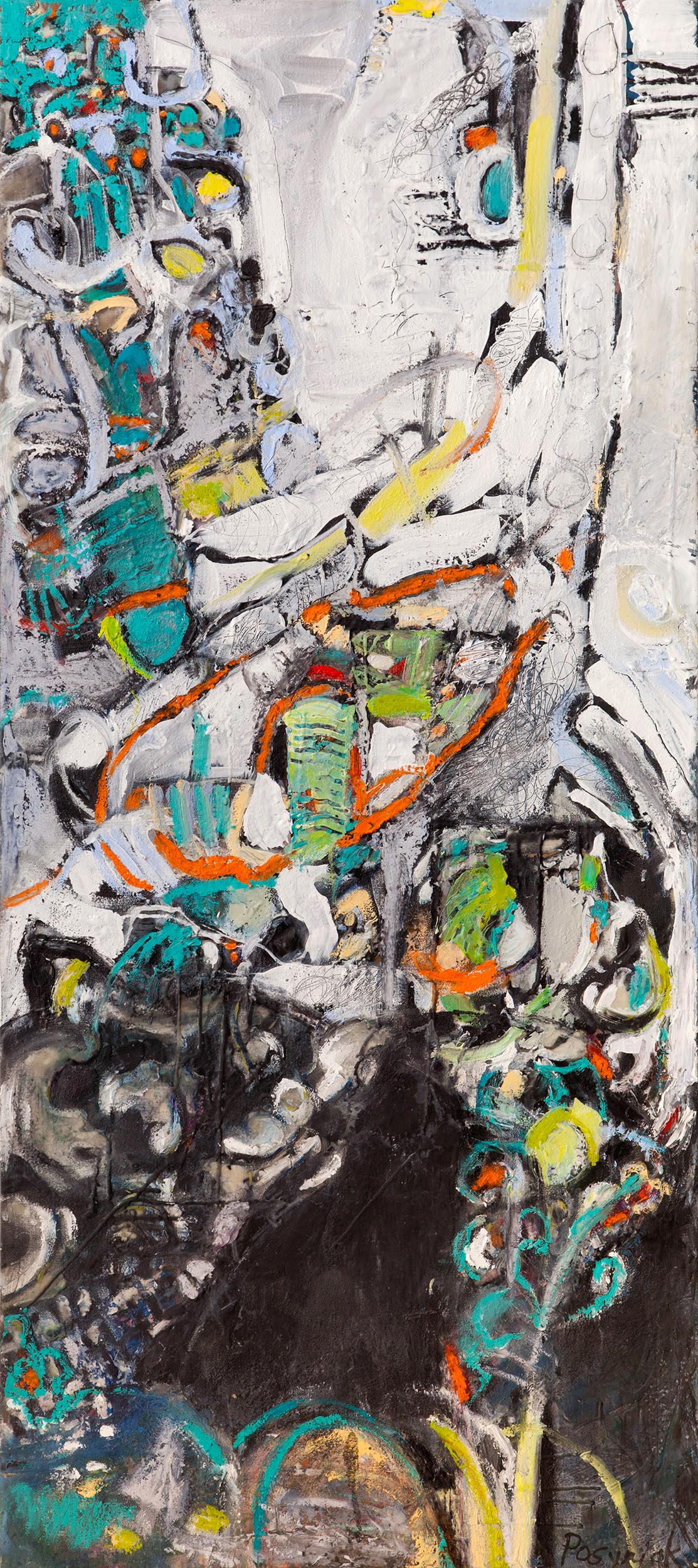 Code, oil and encaustic on linen, 54 x 24 in.
