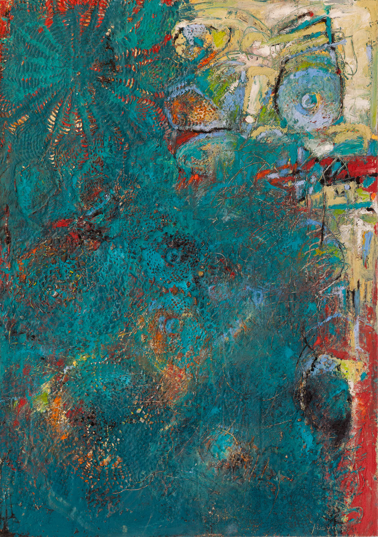 Turquoise Bloom, oil, cold wax, encaustic & collage on linen, 48 x 36 in.