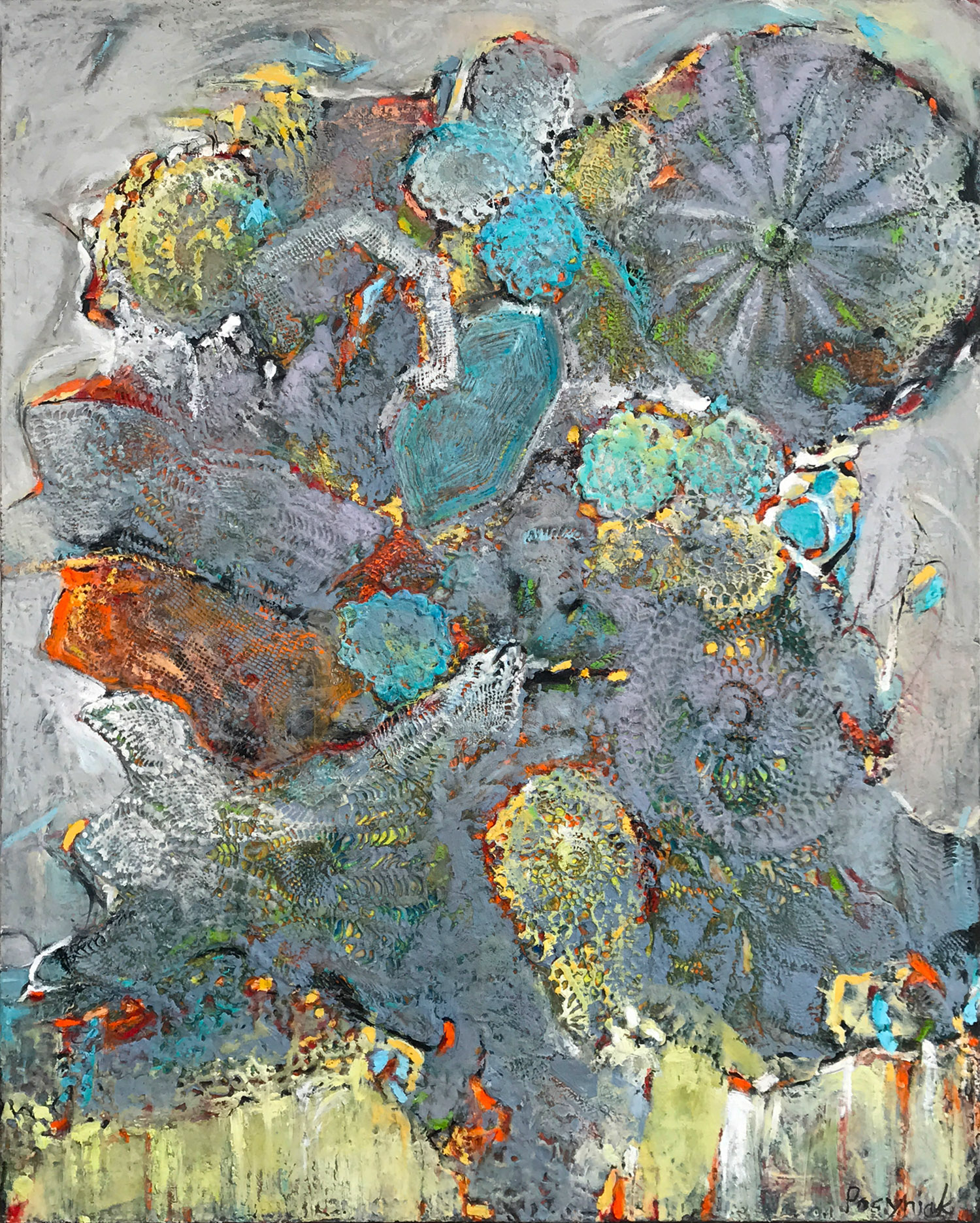 Cumulus Bloom, oil & cold wax, encaustic, collage on canvas, 60 x 48 in.