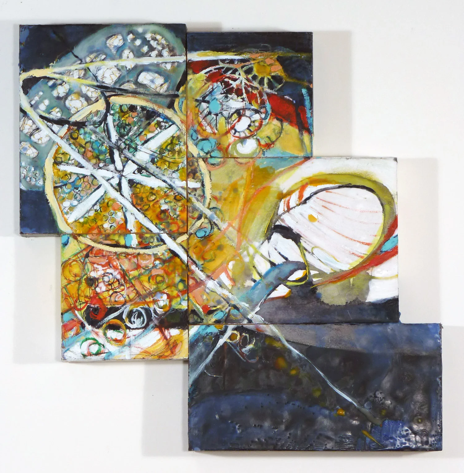 The Deeps Tapestry 1, encaustic and mixed media on cradled wood, 21 x 20 x 1.75 in.