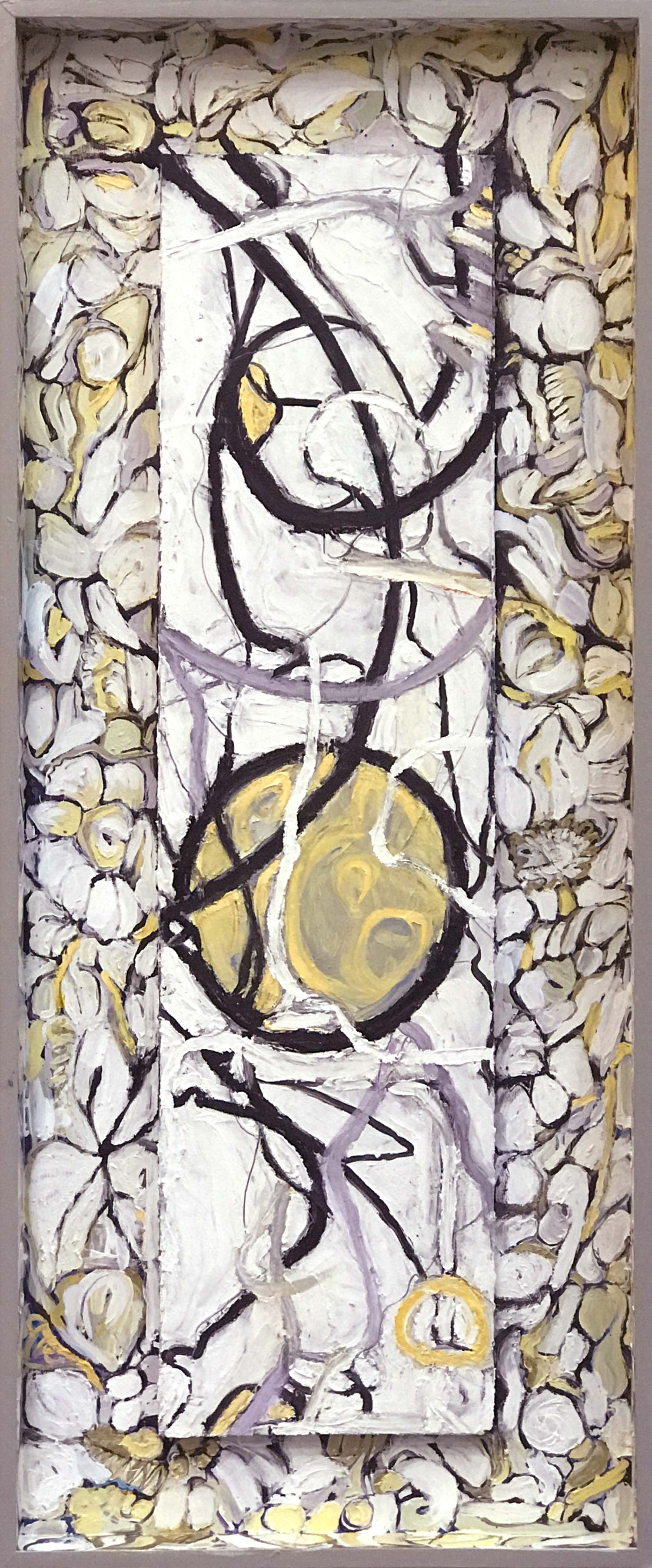 Density, acrylic, oil stick, oil & cold wax on paper, styrofoam & wood, 60 x 25 in.