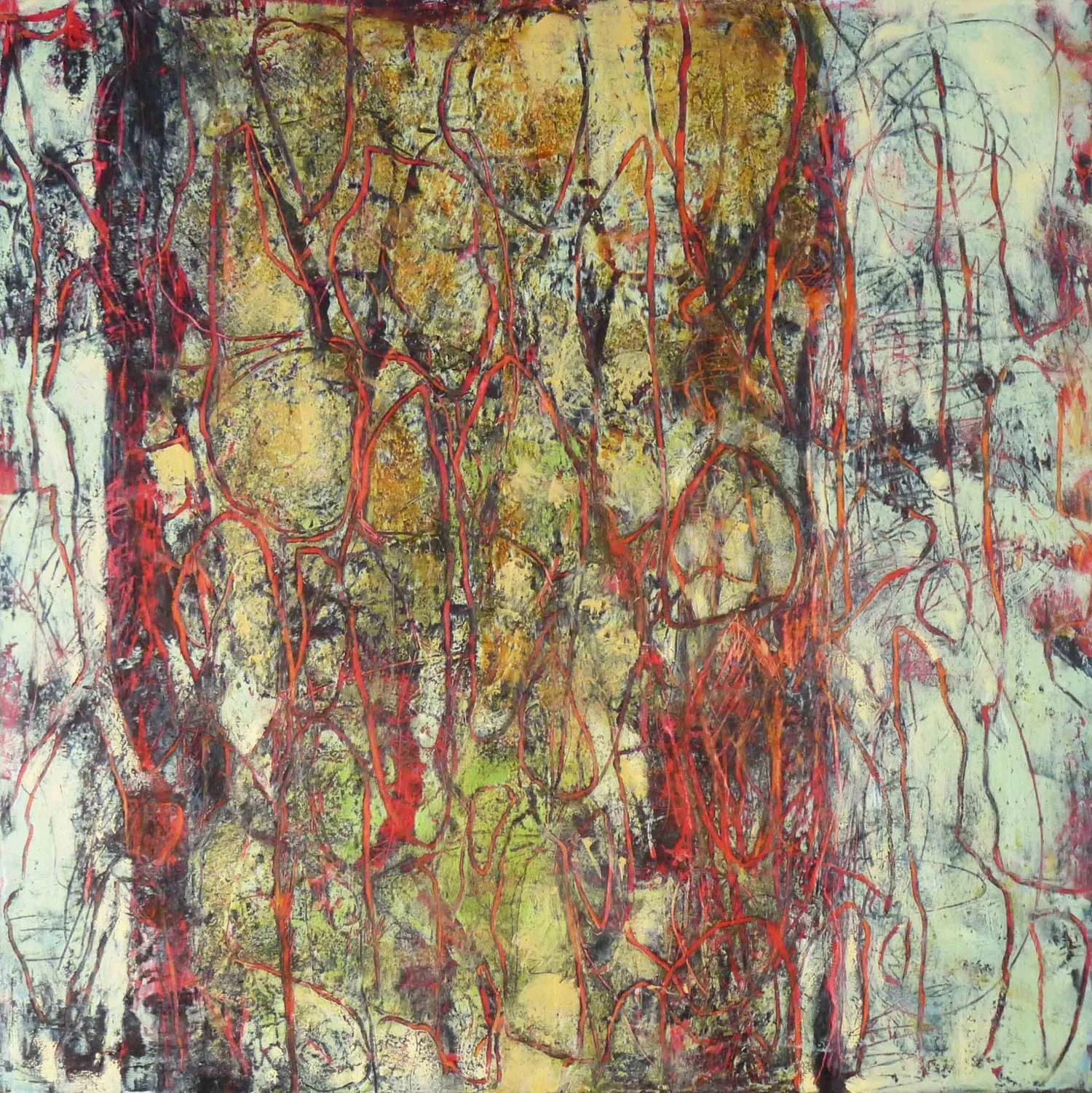 “Colour floods every crack II”, oil and cold wax on cradled birch, 24 x 24 in.