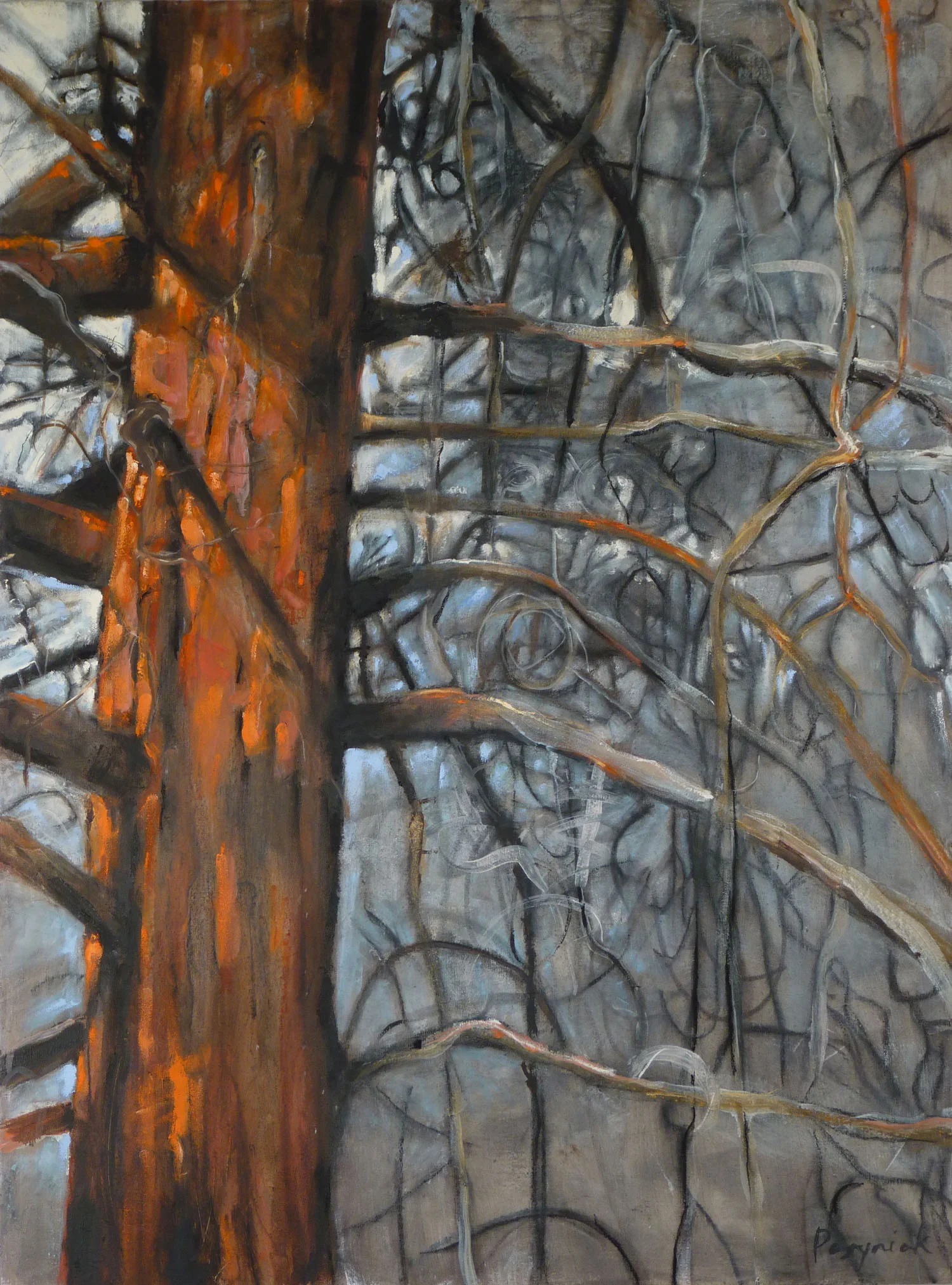 "Orange and Ash", oil & cold wax on linen affixed to cradled birch, 48 x 36 in.
