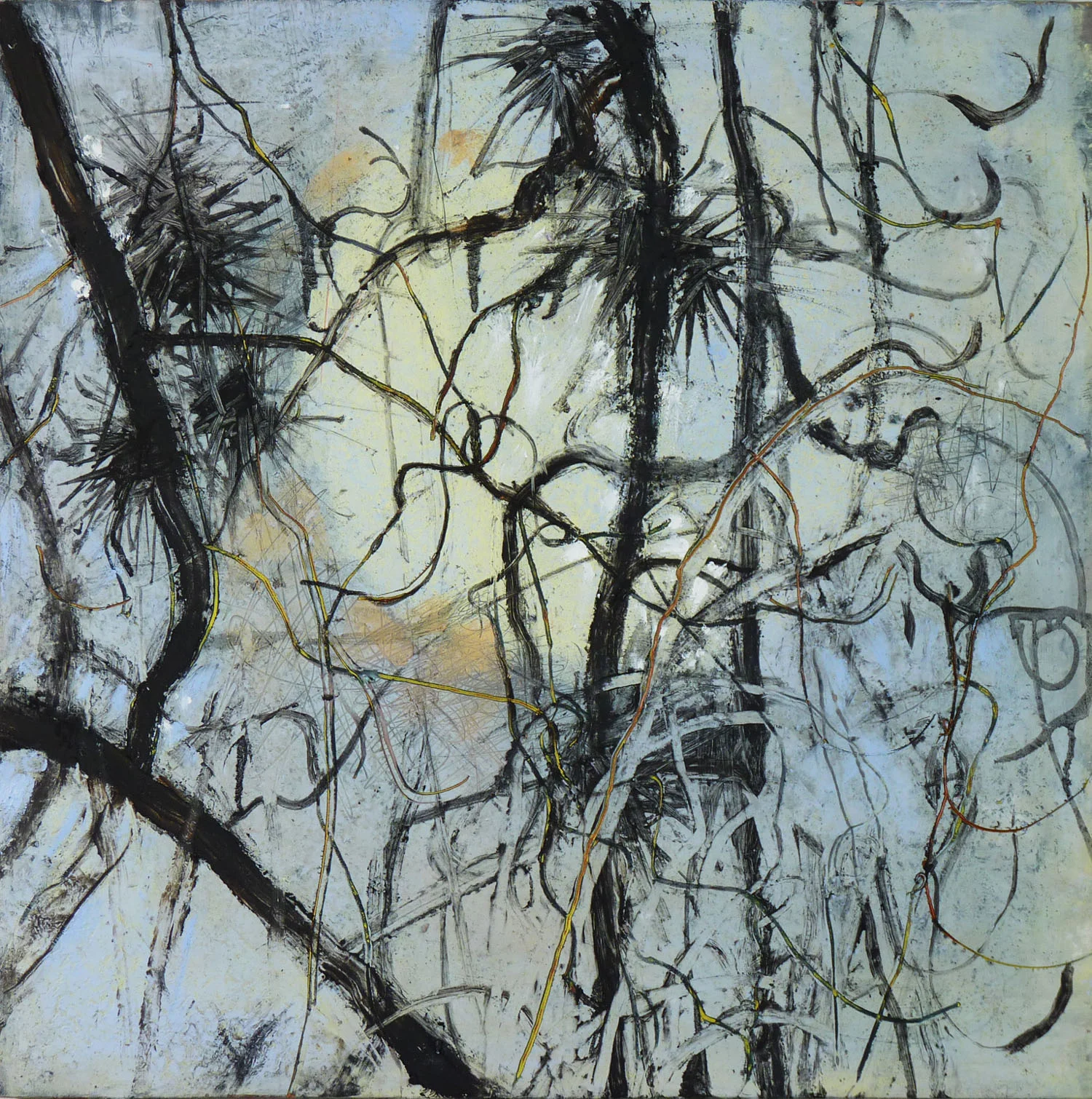 “Smoke twirling in your hair II”, oil & cold wax on cradled birch, 20 x 20 in.