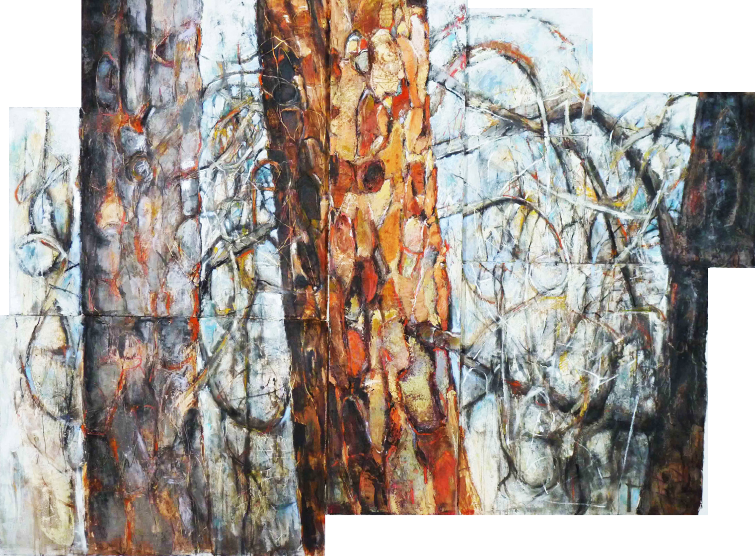"Bark and Branches (9 part painting)", oil & cold wax, charcoal and pastels on paper affixed to cradled birch, 48 x 54 in.