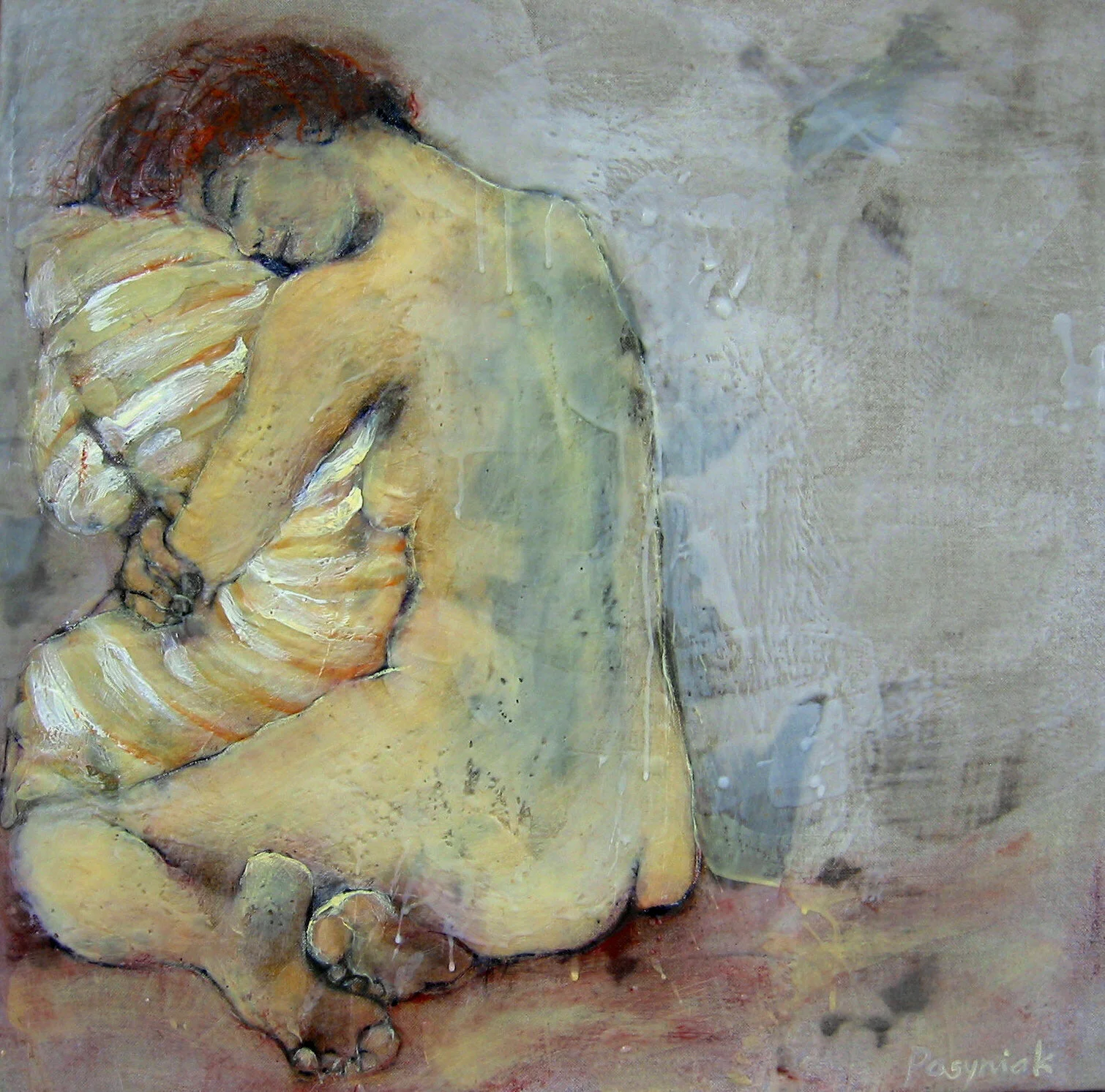 “Red Mood IV”, 24”x 24”, oil and encaustic on linen, 2000