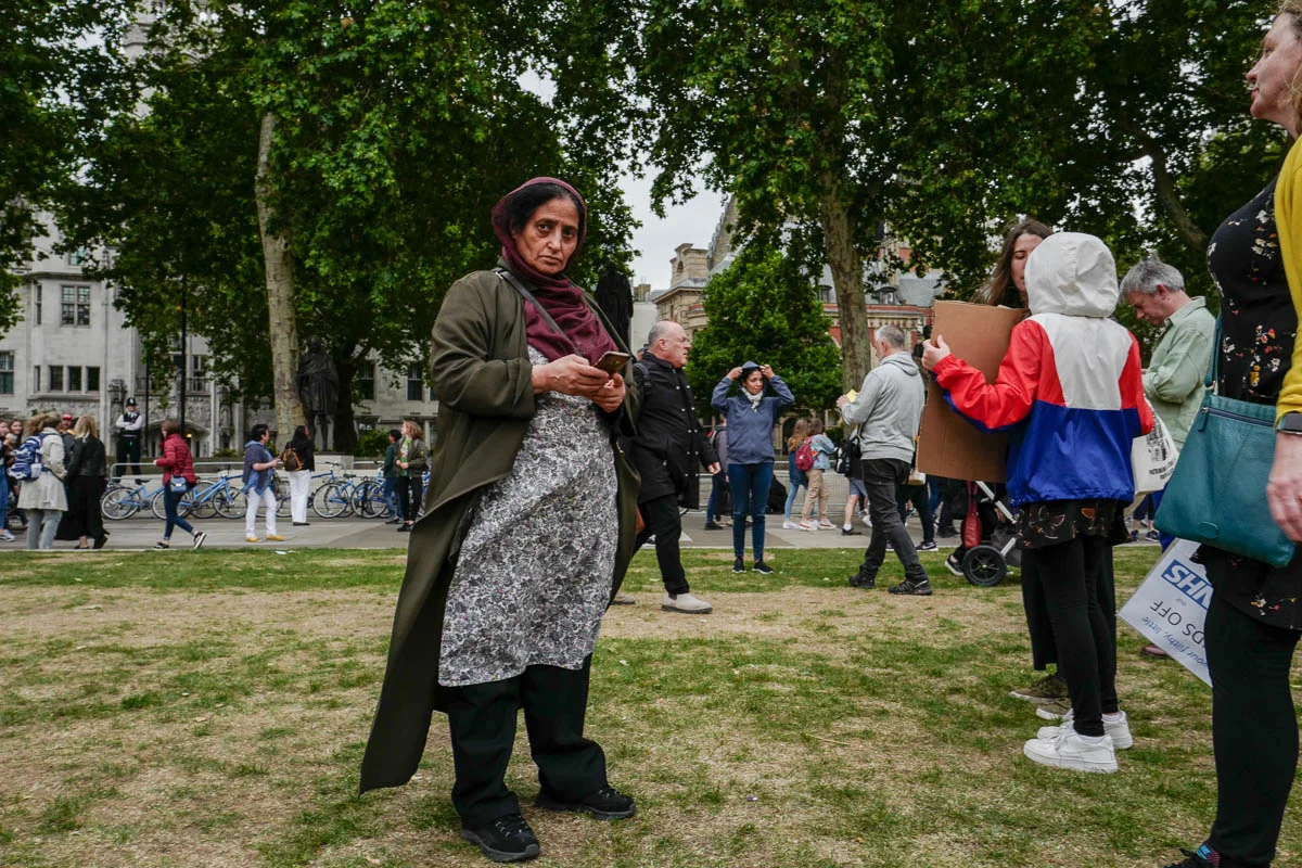 A woman attending an anti-Trump protest in London in June.