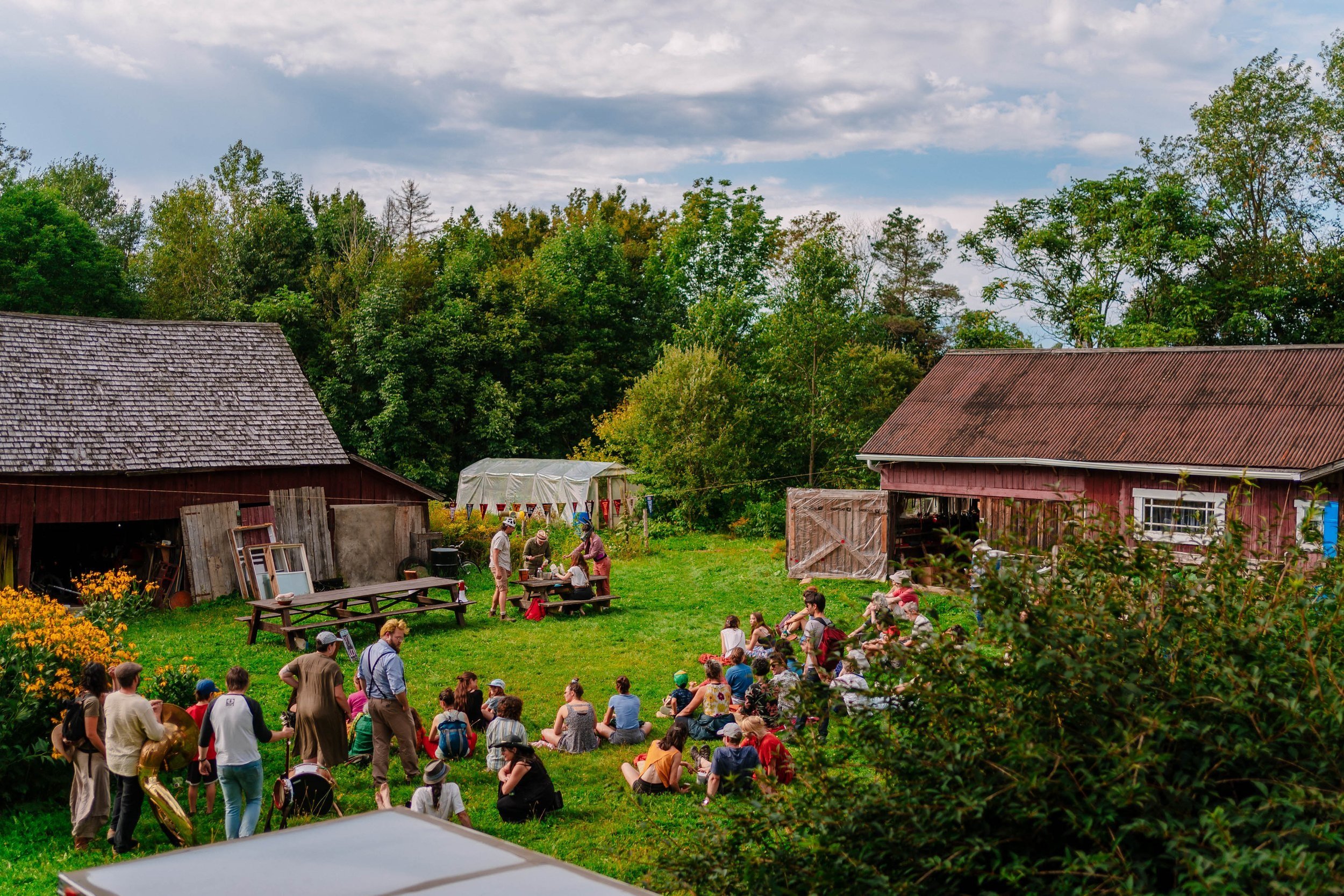 Vue de la performance « Le lait, les chèvres, la costumière, les abeilles, le miel, la fanfare »