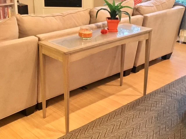 Maple sofa table with frosted glass embedded