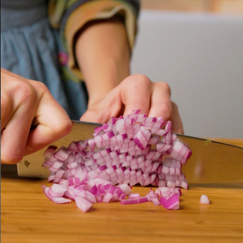 mincing red onion