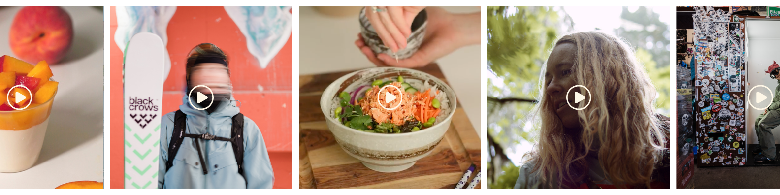 Squares with video play buttons of people and food images