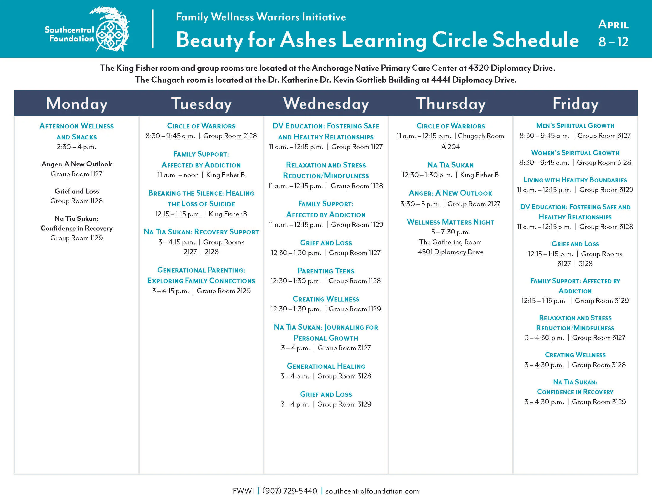 The learning circles will be taking place in a different location the week of April 8-12th, 2019