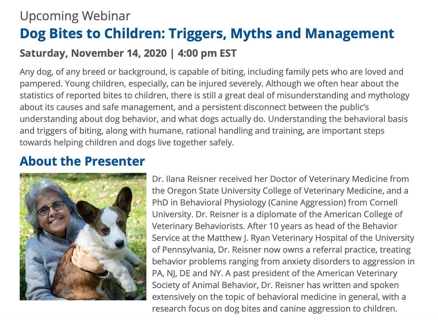 Board certified veterinary behaviorist Dr. Ilana Reisner is giving a webinar next month on Dog Bites to Children: Triggers, Myths and Management. This webinar is open to anyone interested. Link to register in bio. Registration fee $40 #veterinarybeha