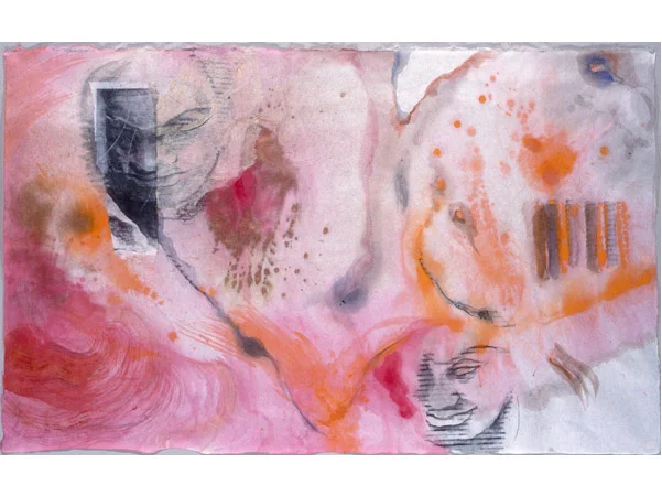 “Map of the Sleeping Stones,” collage made with watercolor, acrylic, powdered pigment, graphite and photo-print on handmade Sekishu paper.