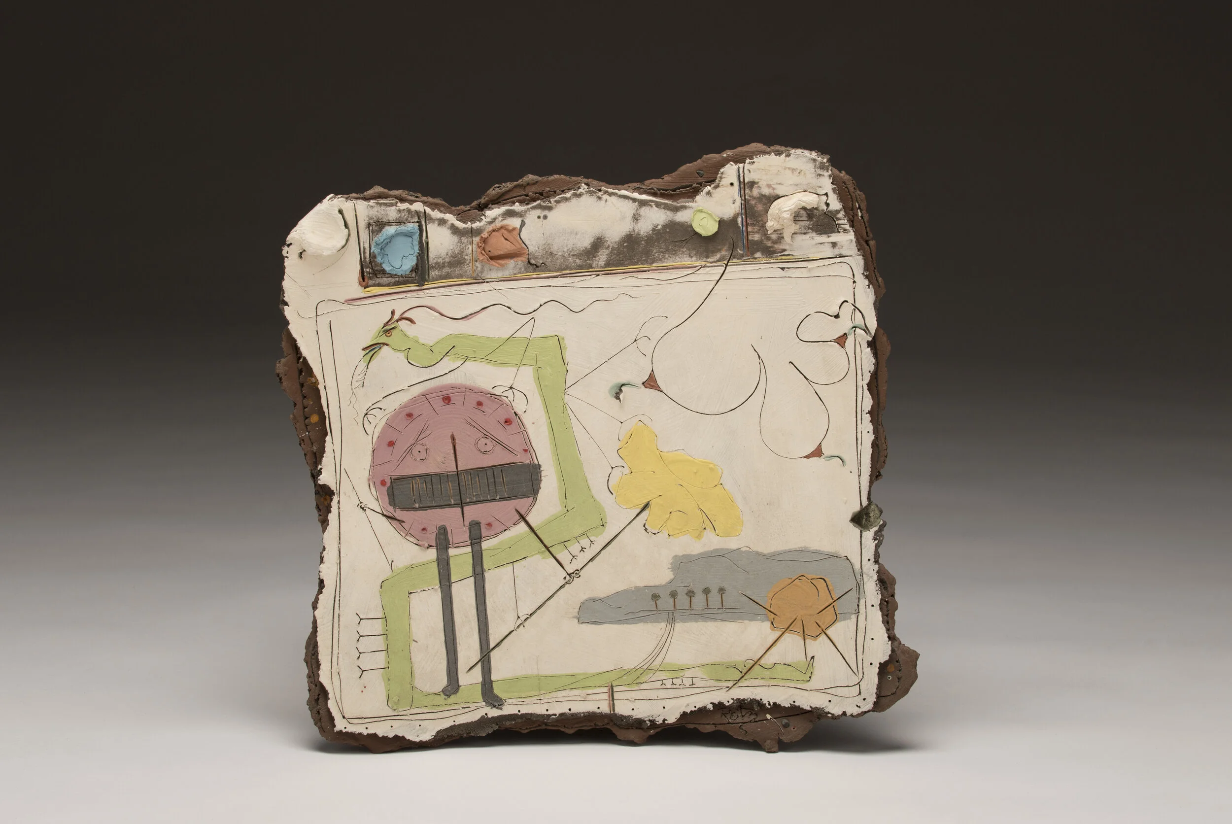 Don Reitz, Shield (Sara Series) , gas fired earthenware with engobes, c. 1983, 18.5 x 18.25 x 2.75 in., Don Reitz Collection