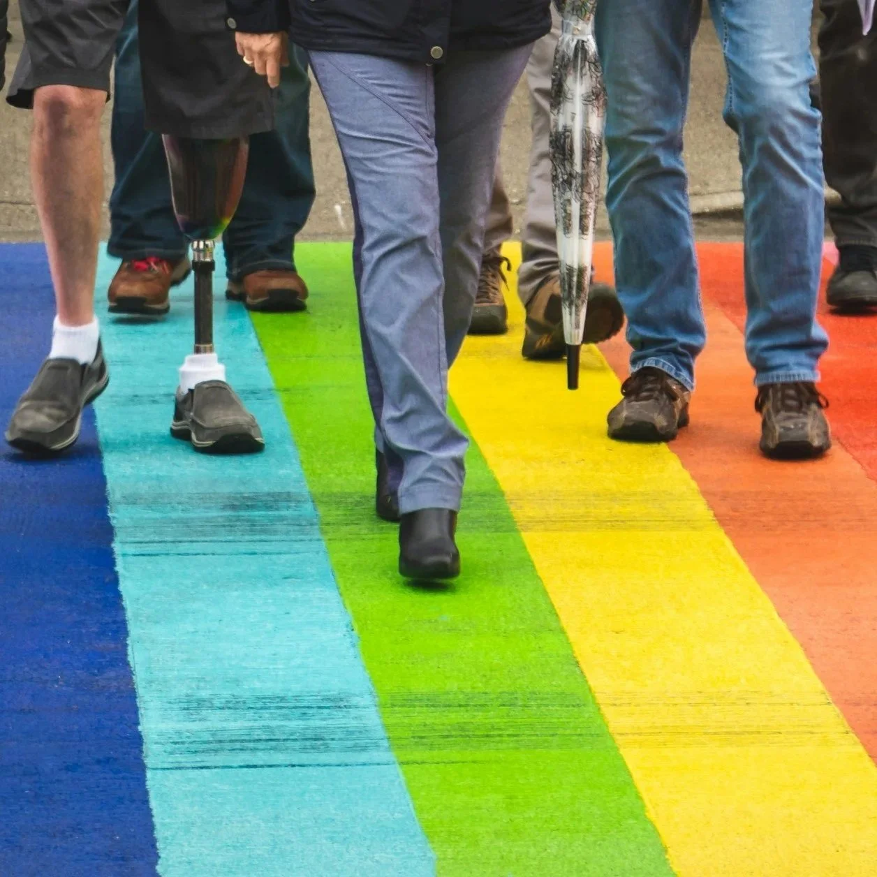 people and disabilities walking on rainbow-color ground