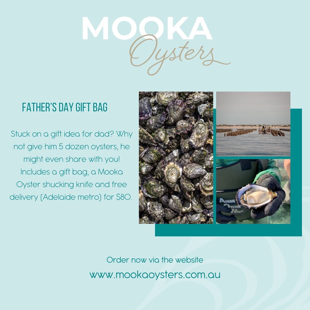 Stuck on a gift idea for dad? Why not give him 5 dozen oysters, he might even share with you!
Includes a gift bag, a Mooka Oyster shucking knife and free delivery (Adelaide metro) for $80.