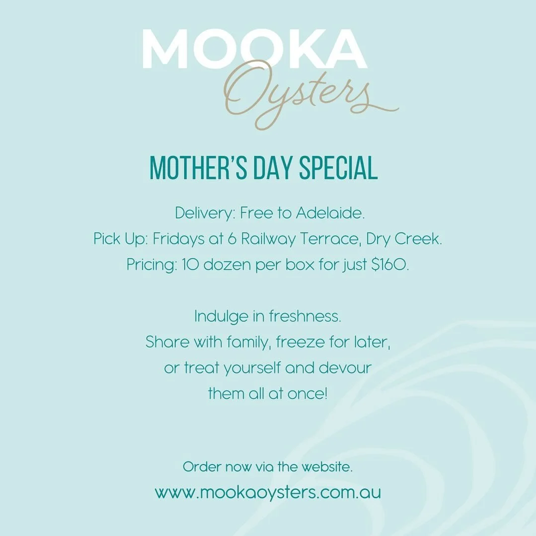 What does mum want for Mother&rsquo;s Day? OYSTERS!

Super fresh, delicious oysters from Smoky Bay on the Eyre Peninsula. Head to the website now to purchase. 

Pick up on Fridays from Dry Creek.
Orders must be in by Wednesdays to make the cut off.
