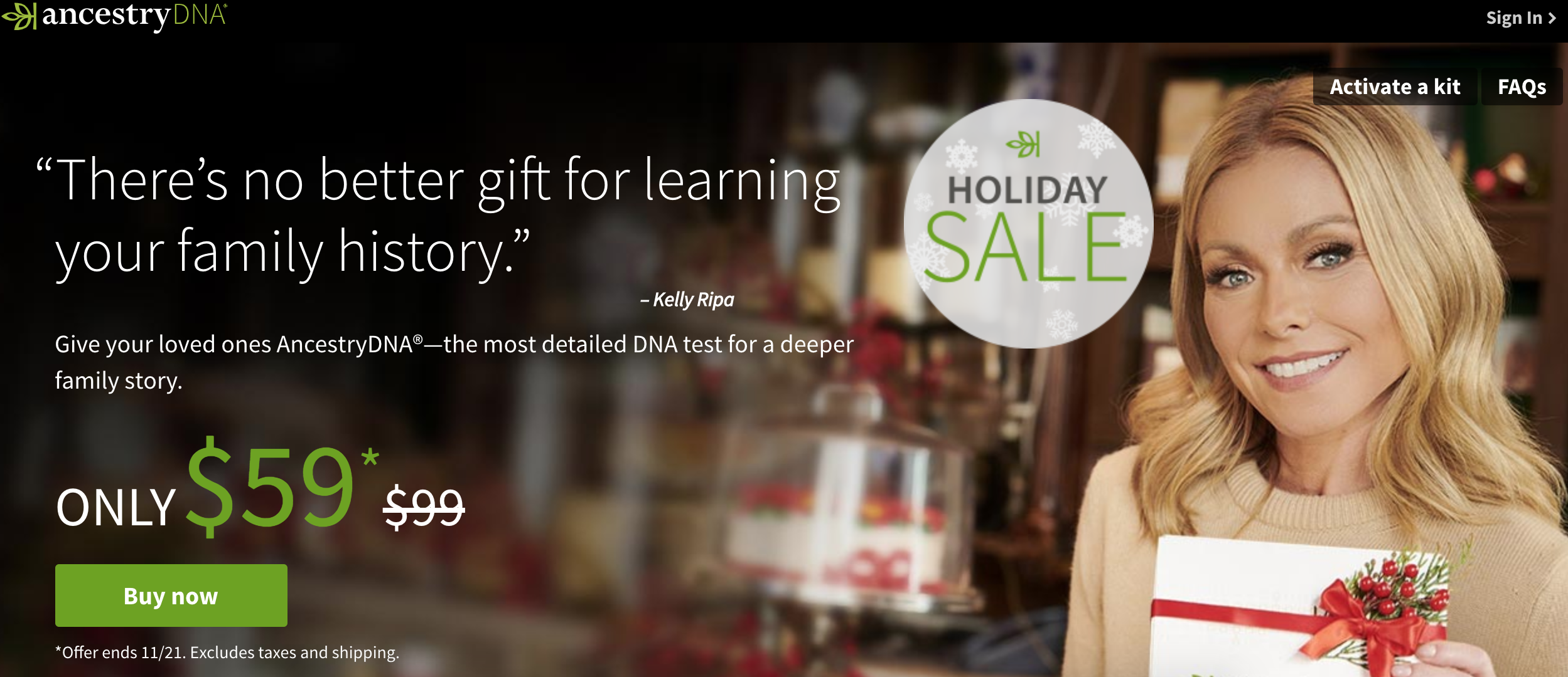 AncestryDNA framing their service as a great gift for the family. Promo ends the day before Thanksgiving 2018.