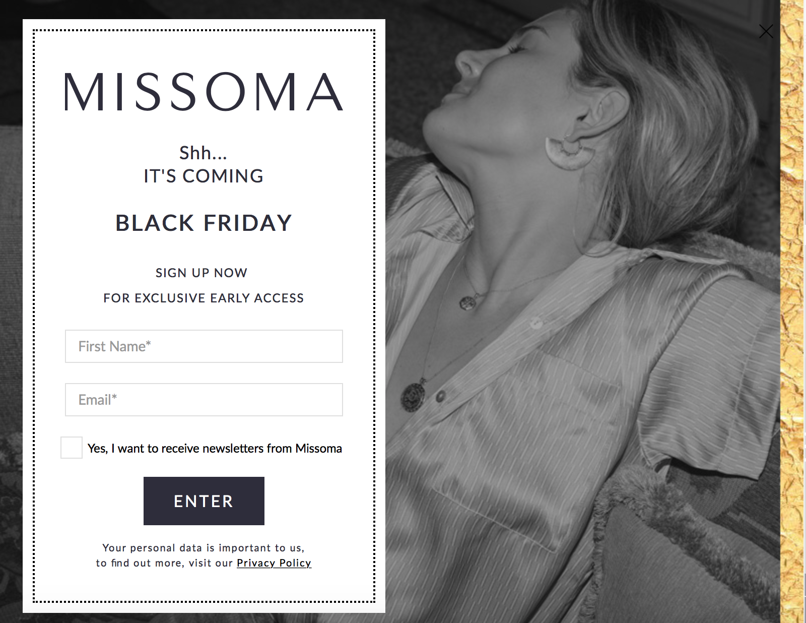 BFCM Email Popup on Missoma Site. 2018.