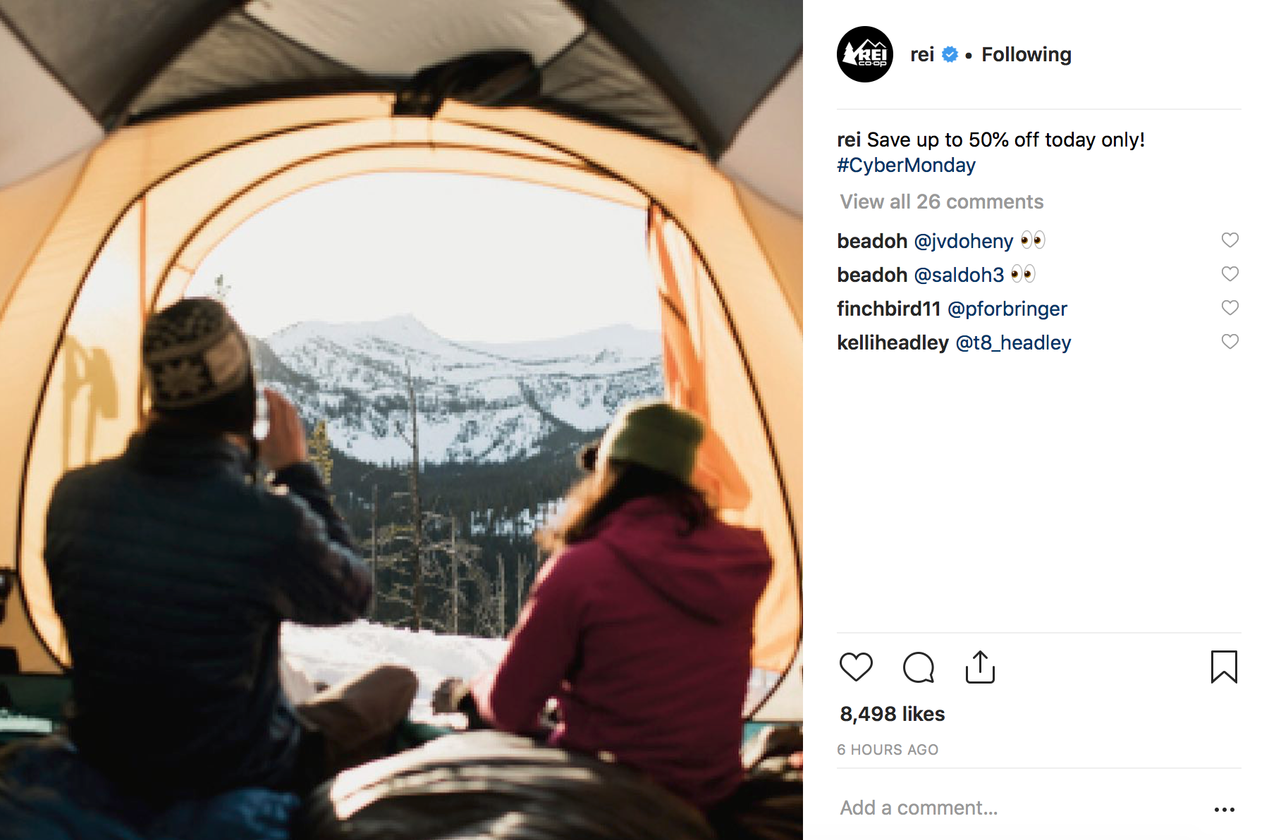 Note- REI did participate in Cyber Monday 2018. Posted on Instagram 11/26/18, photo they posted was not high-res.