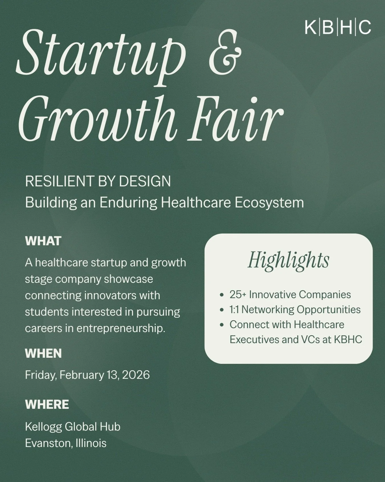 Startup &amp; Growth Fair is back at KBHC.

A forum built to spotlight what&rsquo;s next in healthcare, featuring 25+ companies across digital health, biotech, diagnostics, med devices, payers, and providers. Think of it as a talent marketplace where