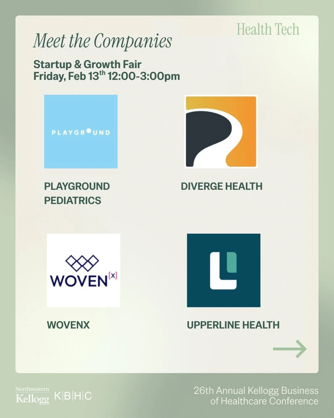 🚀 Startup &amp; Growth Fair @ KBHC 2026 🚀

Excited to announce 25+ innovative healthcare companies coming to the Kellogg Global Hub for our Startup &amp; Growth Fair!

🗓️ Friday, Feb 13 | 12&ndash;3 PM
📍 Kellogg Global Hub

This is a standout opp