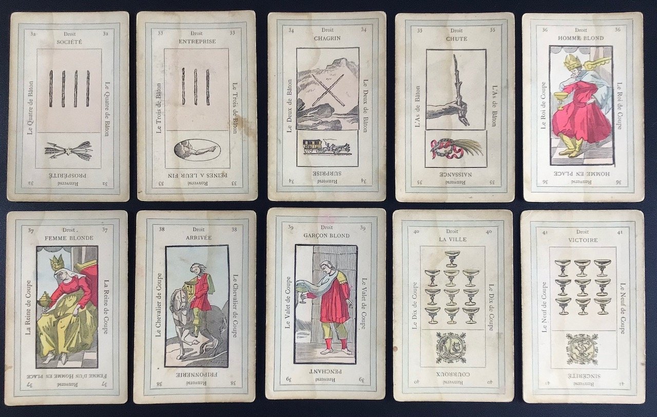 Rasende ægtefælle Besættelse Antique Deck c. 1885 Old Etteilla Tarot Cards Z. Lismon Paris Type II,  77/78 Cards, Offered by McClosky's Antiquarian — Morbid Anatomy