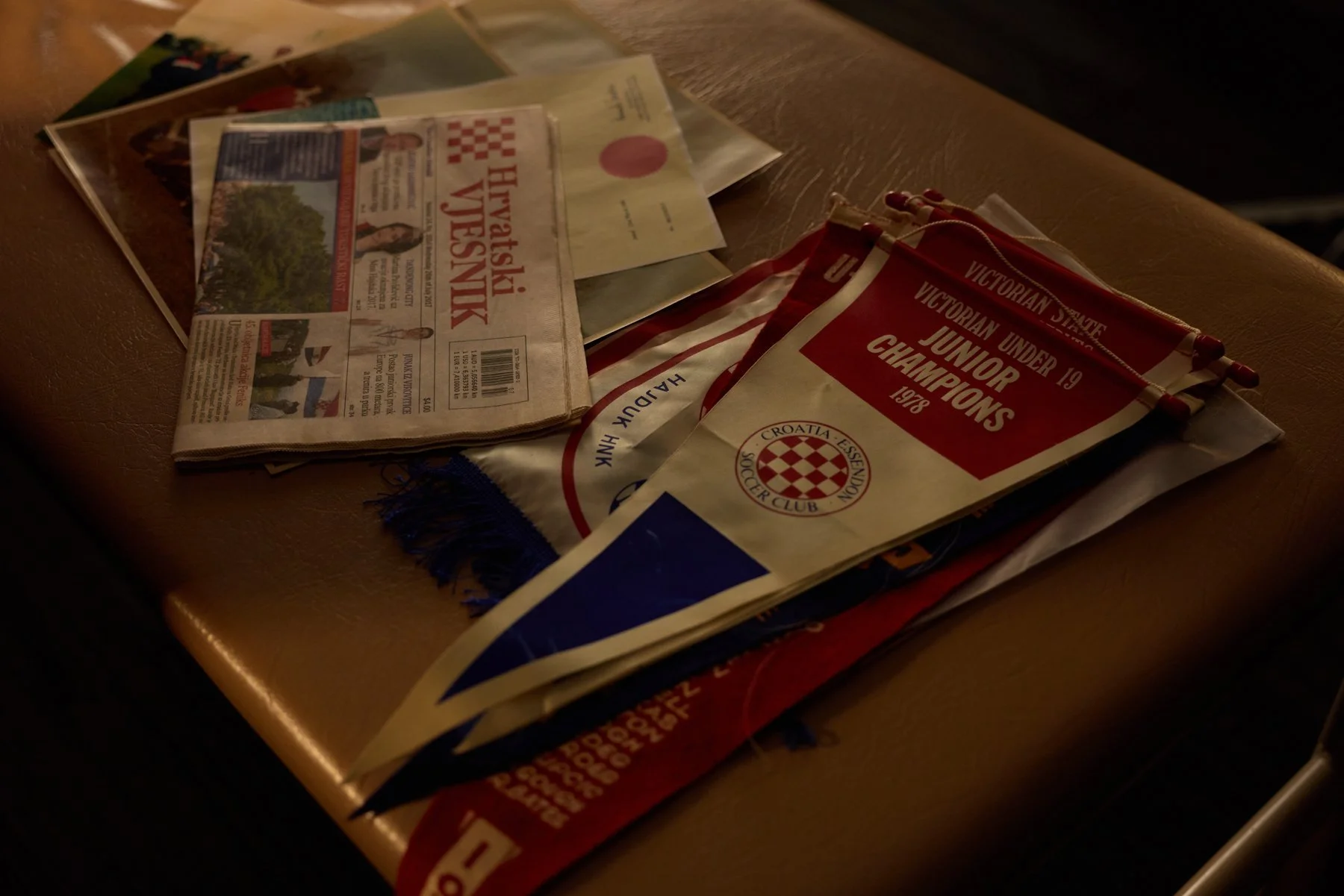 Croatian football pennants and memorabilia on a table