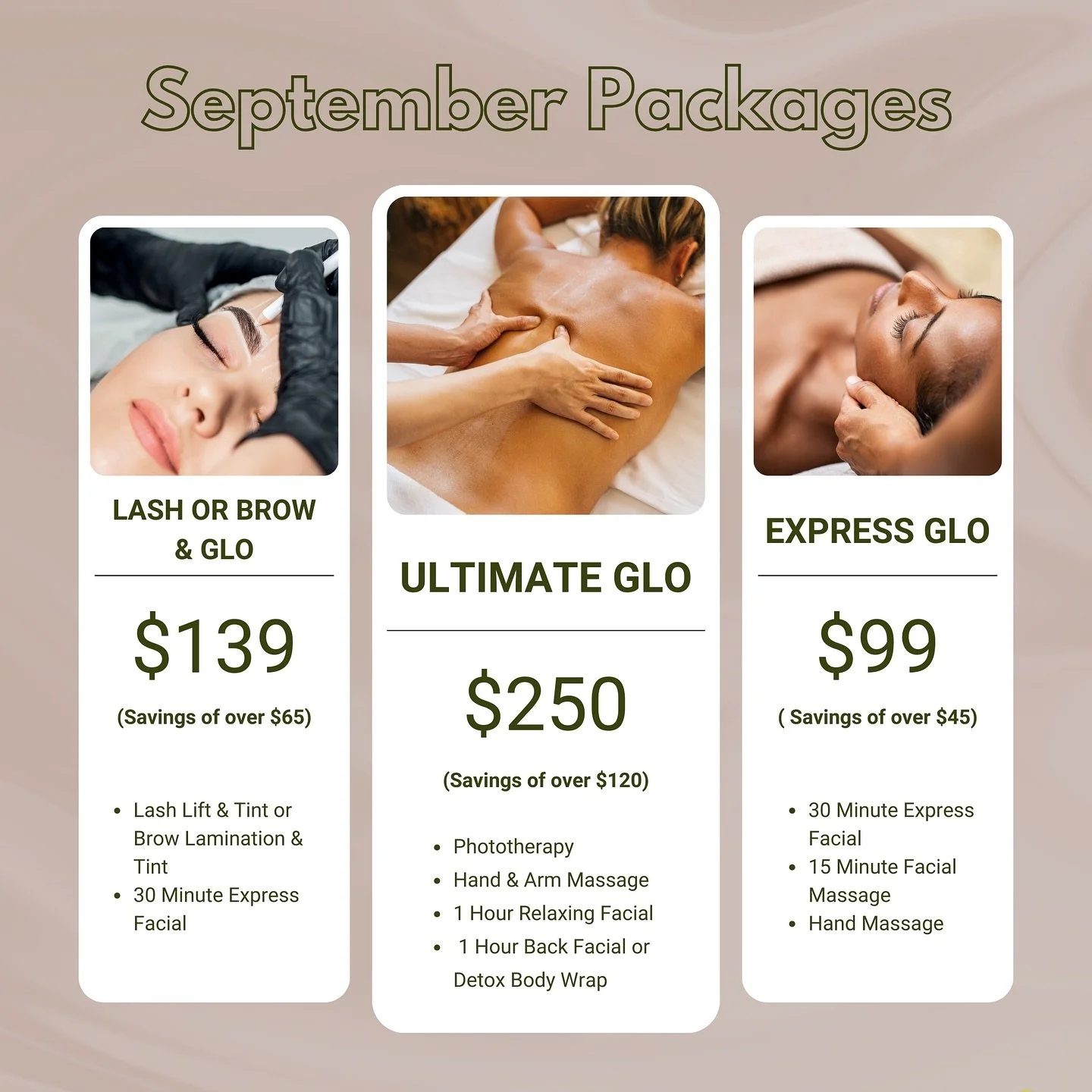 📅 September Specials Alert! 🍂✨

Don&rsquo;t miss out on our exciting September Specials! Enjoy incredible savings on a variety of services, from luscious lashes to rejuvenating spa treatments!

🌟 Limited Spots Available!

Choose from 3 different p