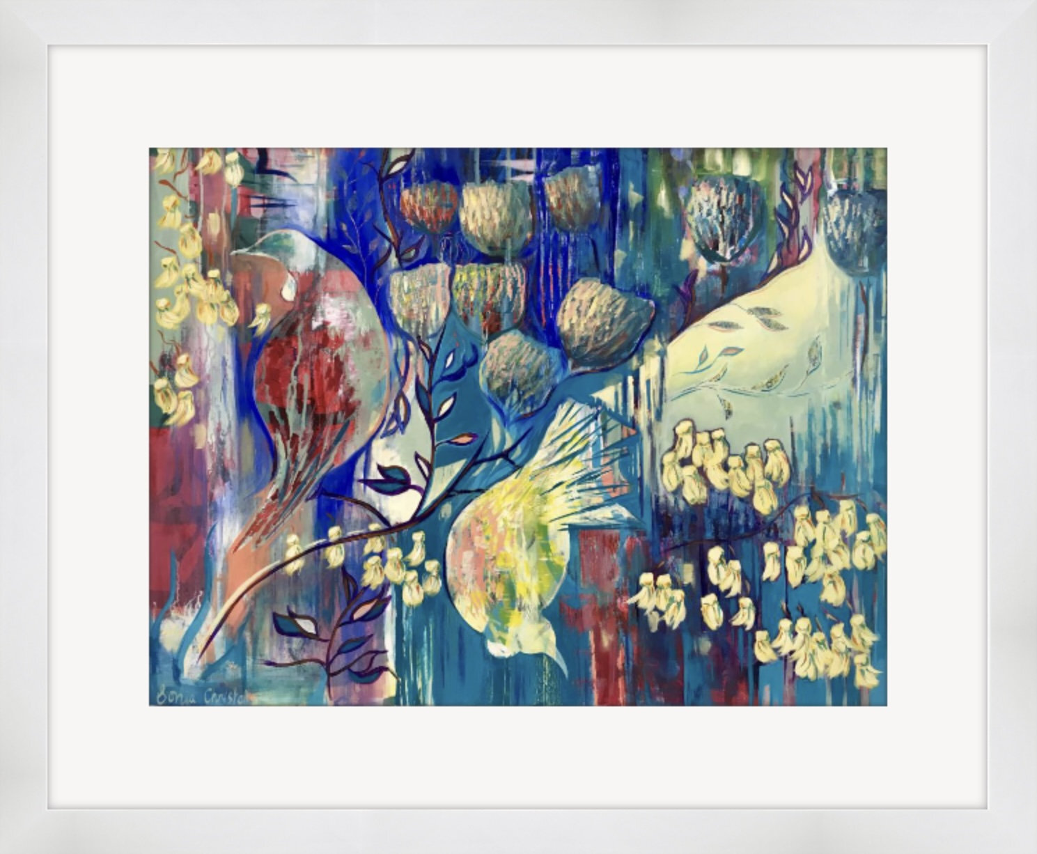 Colourful ABSTRACT GICLEE PRINT, wall art, interior decor, birds, tui, ‘Feast’