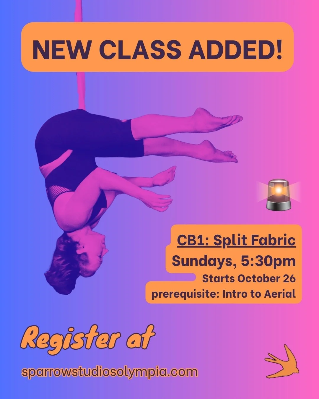 CB1 Adult Aerial class added SUNDAYS!! if you want to switch from another section, send us an email. If you haven't signed up yet and you're eligible for CB1, now is your chance :)

Thank you for your patience and using the waitlist feature!! It help