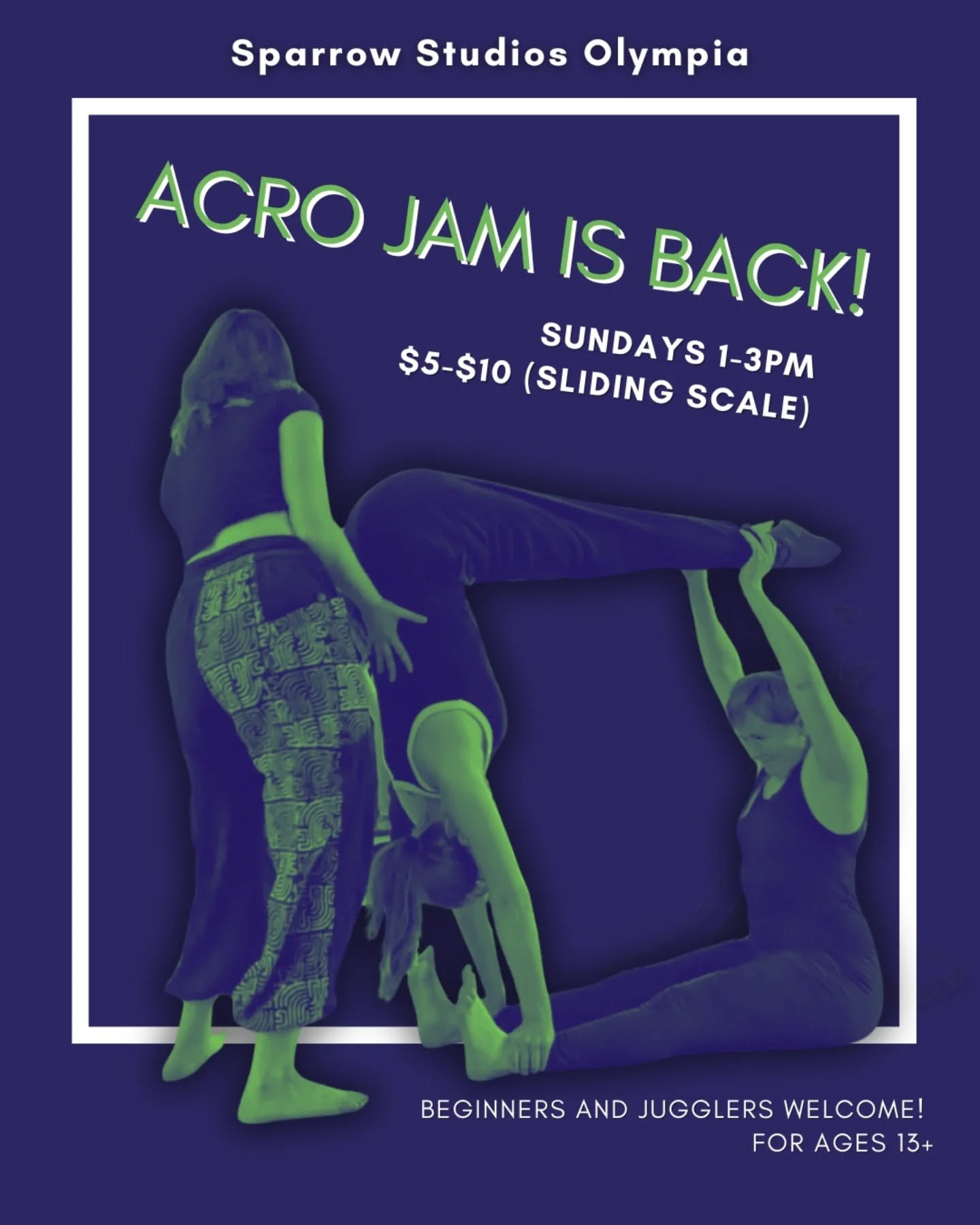 ⚠️ Spend the New Year making new friends and standing on them - or being stood on!  Acro Jam is the perfect place to learn and practice partner weight shairing moves, meet new circus folks, and cross train leg and push muscles if you're someone who i